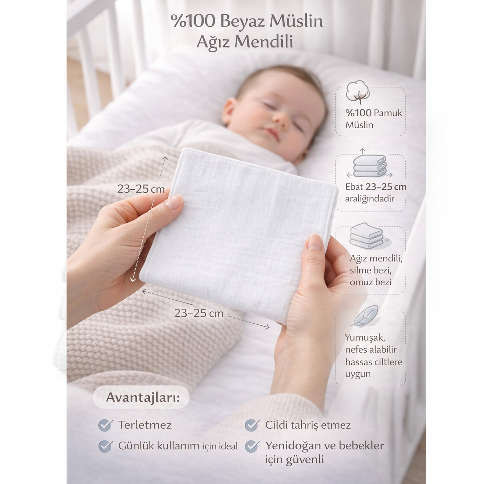 %100 Müslin Beyaz Bebek Bezi – 5 Adet Mendil Ağız Silme & Ter Alma Bezi (23–25 cm)