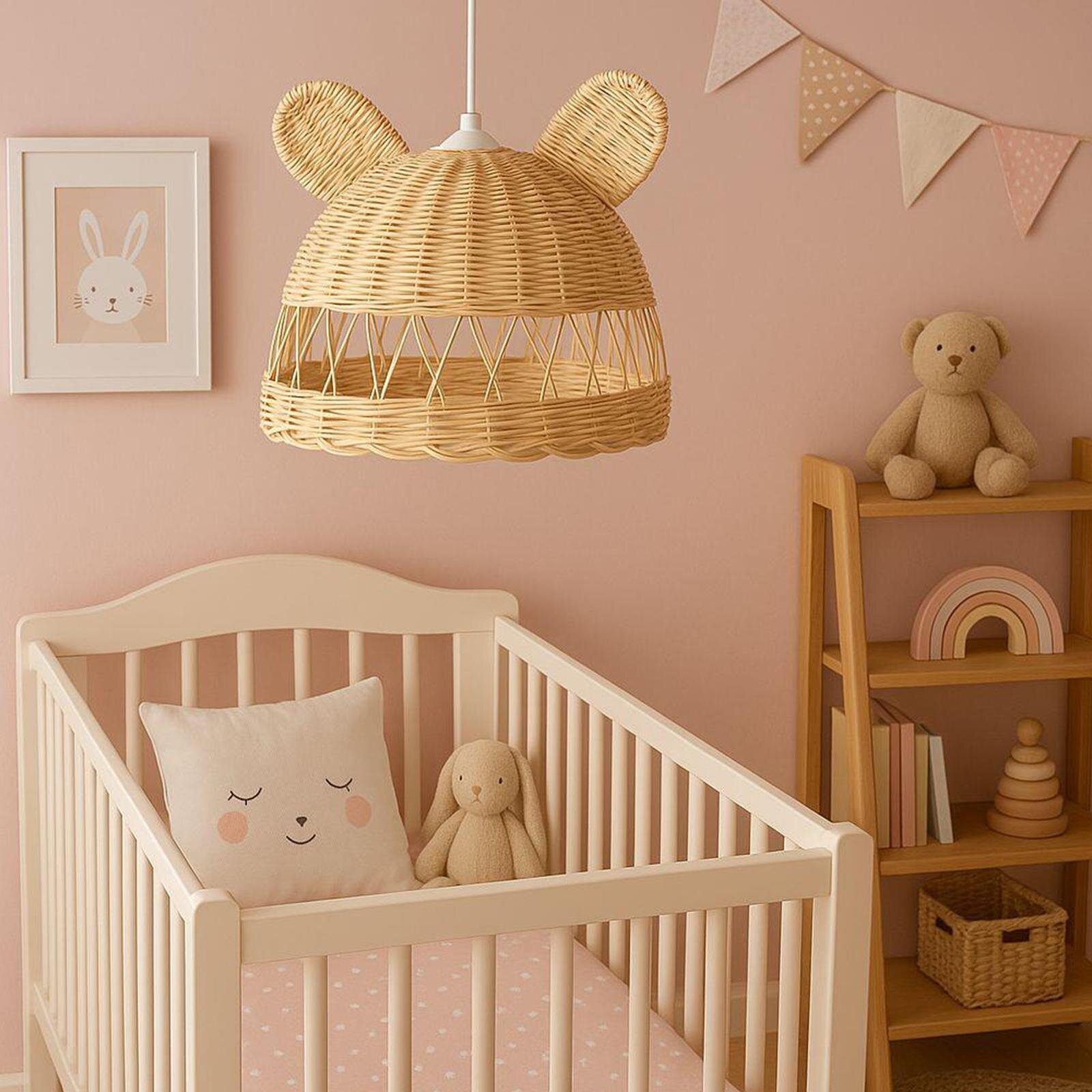 El Yapımı Rattan Avize – 28x30 cm | Doğal & Şık Bebek Odası Aydınlatması