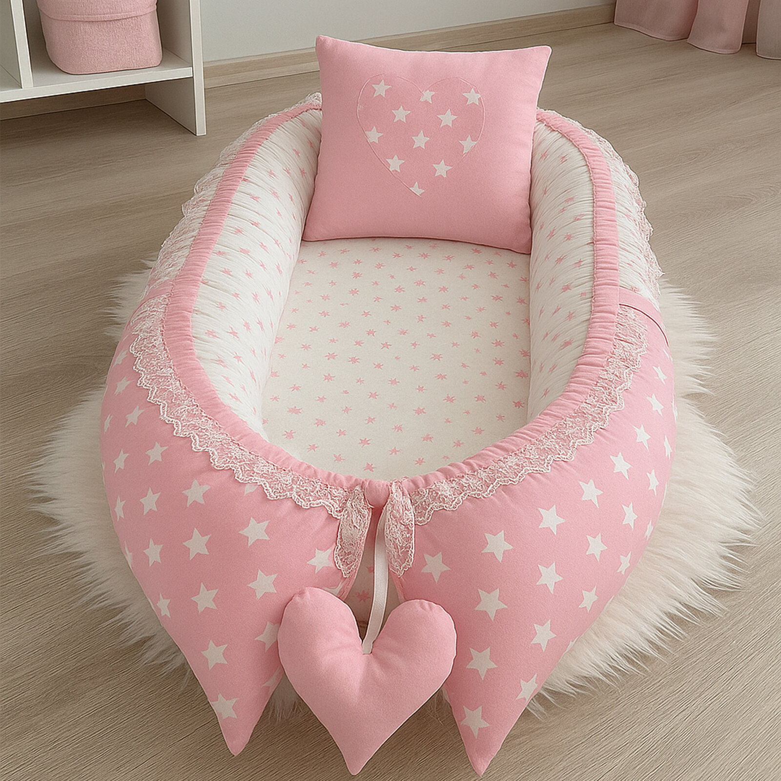 Pembe Yıldızlı Lüx Babynest - Güvenli Yatış Yastığı