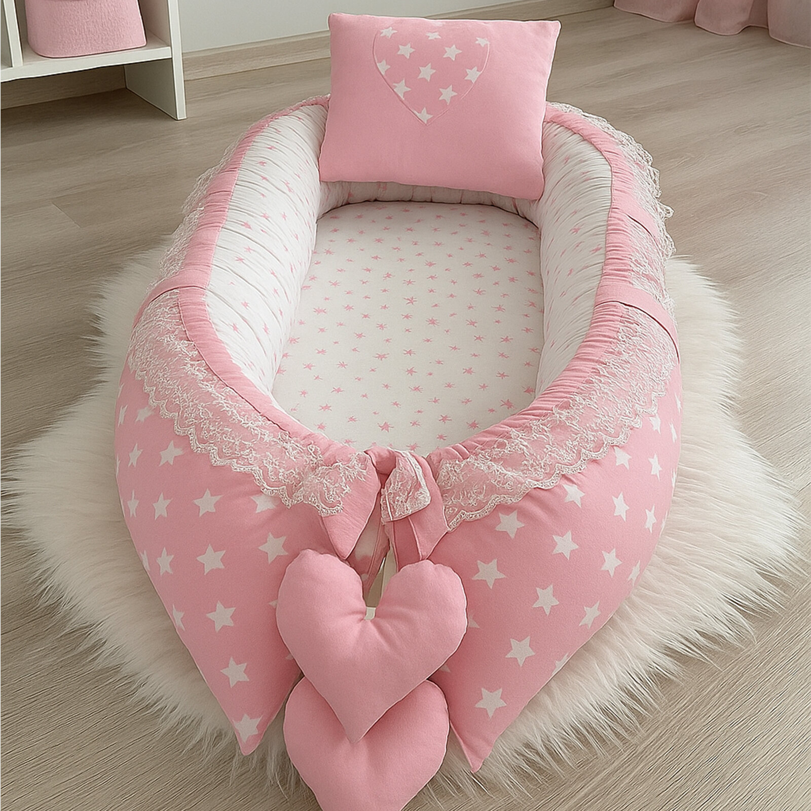 Pembe Yıldızlı Lüx Babynest - Güvenli Yatış Yastığı