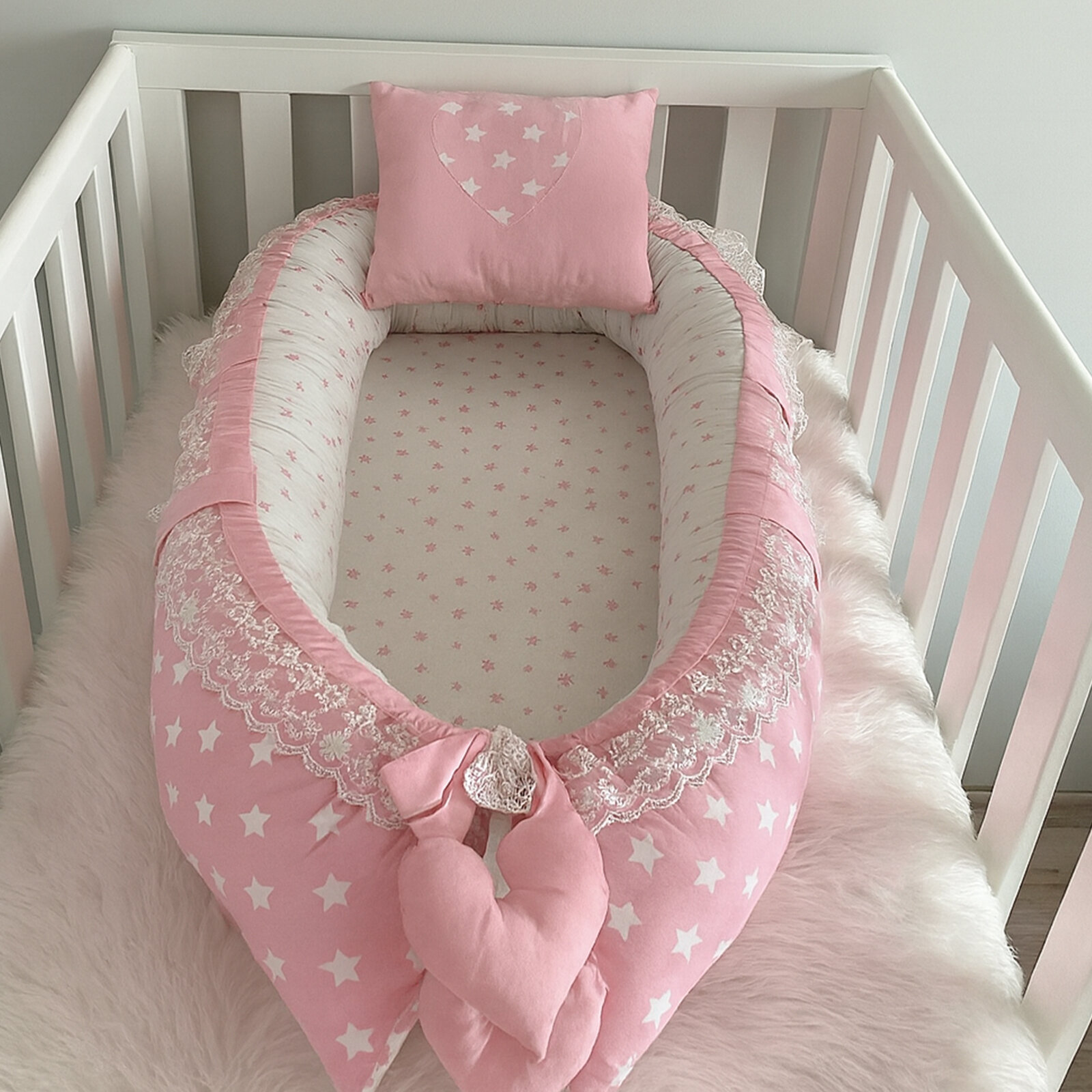 Pembe Yıldızlı Lüx Babynest - Güvenli Yatış Yastığı
