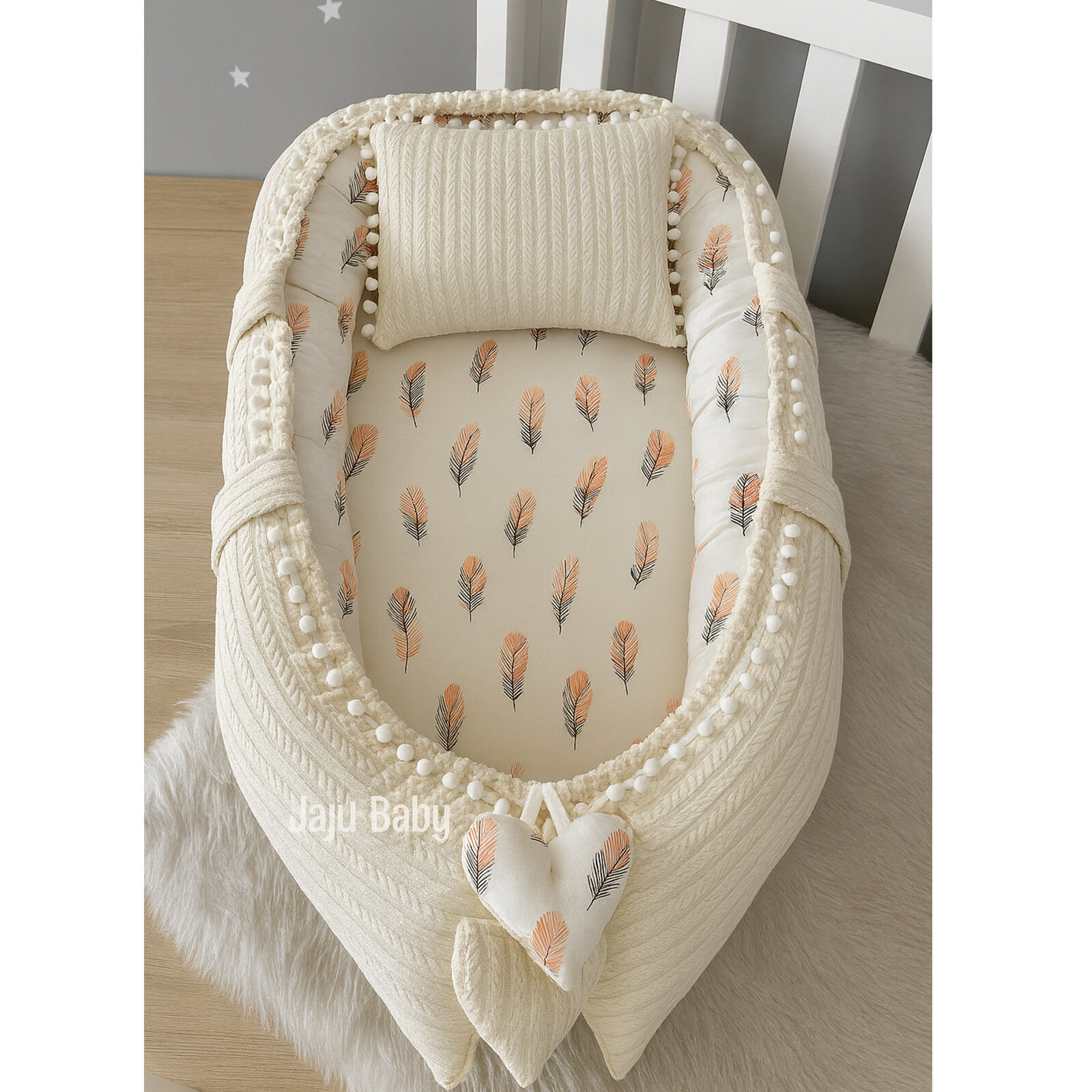 Krem Örgü Somon Tüy Desenli Waffle Babynest – %100 Pamuk, Baş Destekli