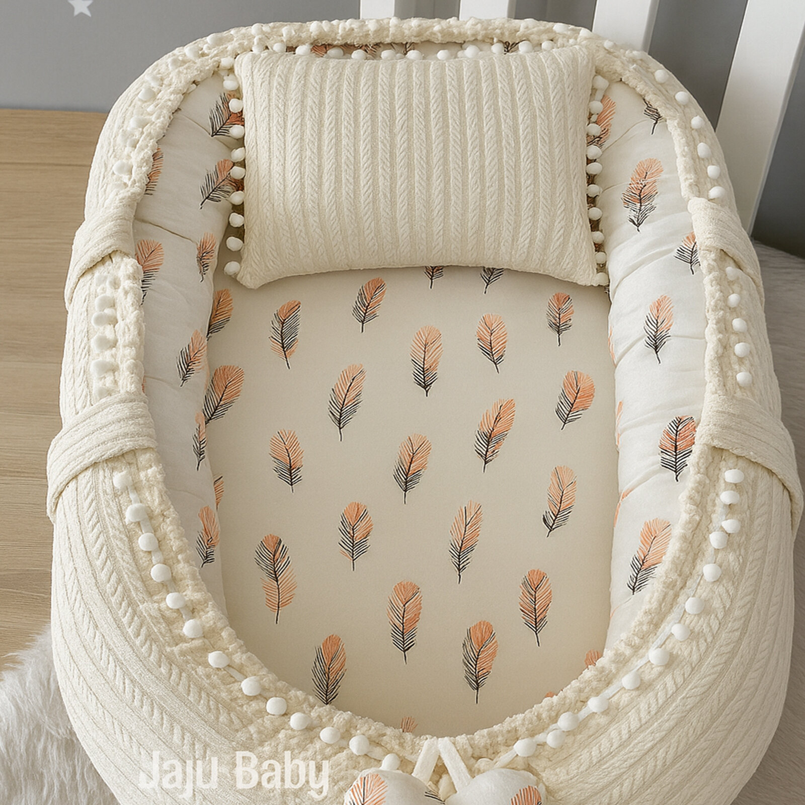 Krem Örgü Somon Tüy Desenli Waffle Babynest – %100 Pamuk, Baş Destekli