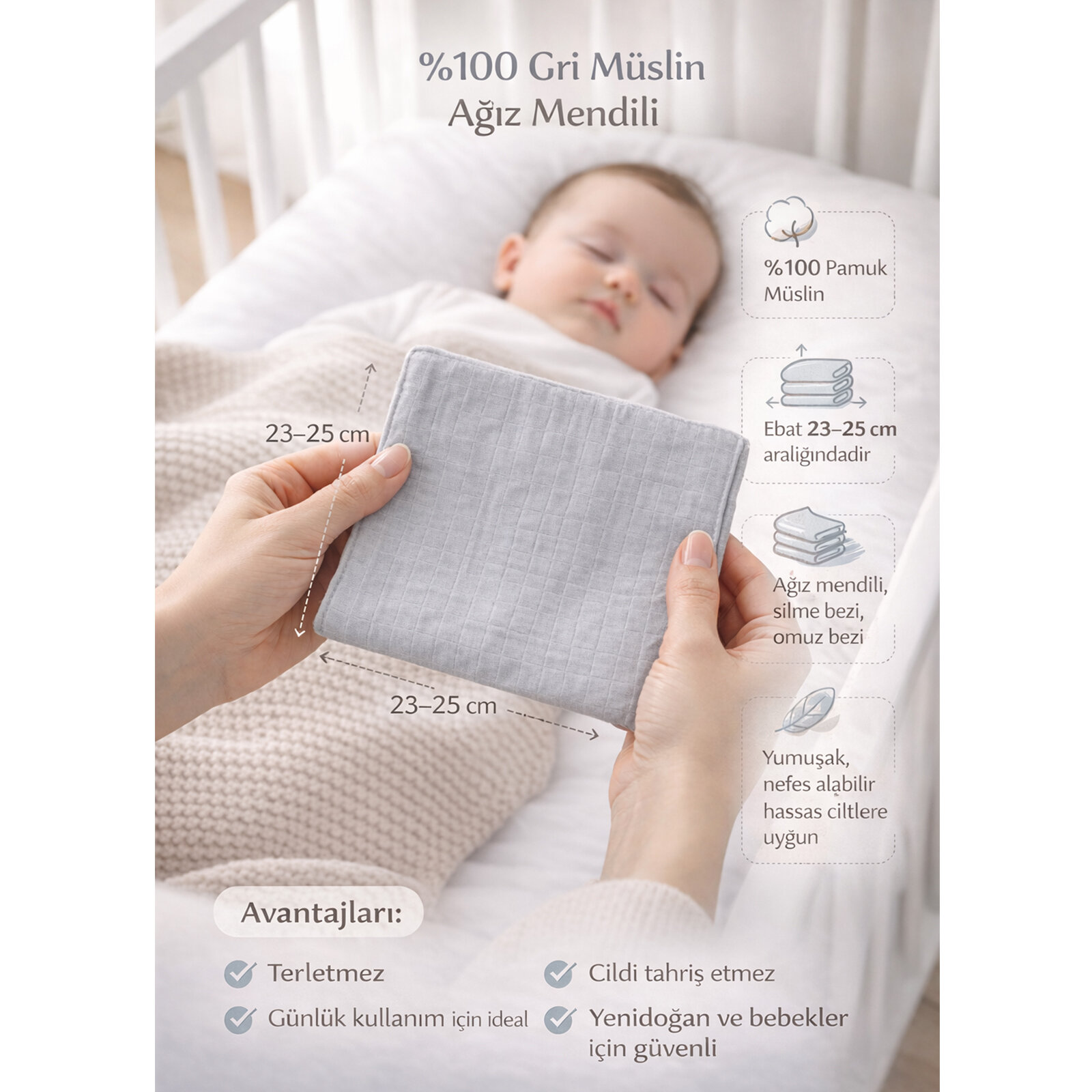 %100 Müslin Gri Bebek Bezi – 5 Adet Mendil Ağız Silme & Ter Alma Bezi (23–25 cm)