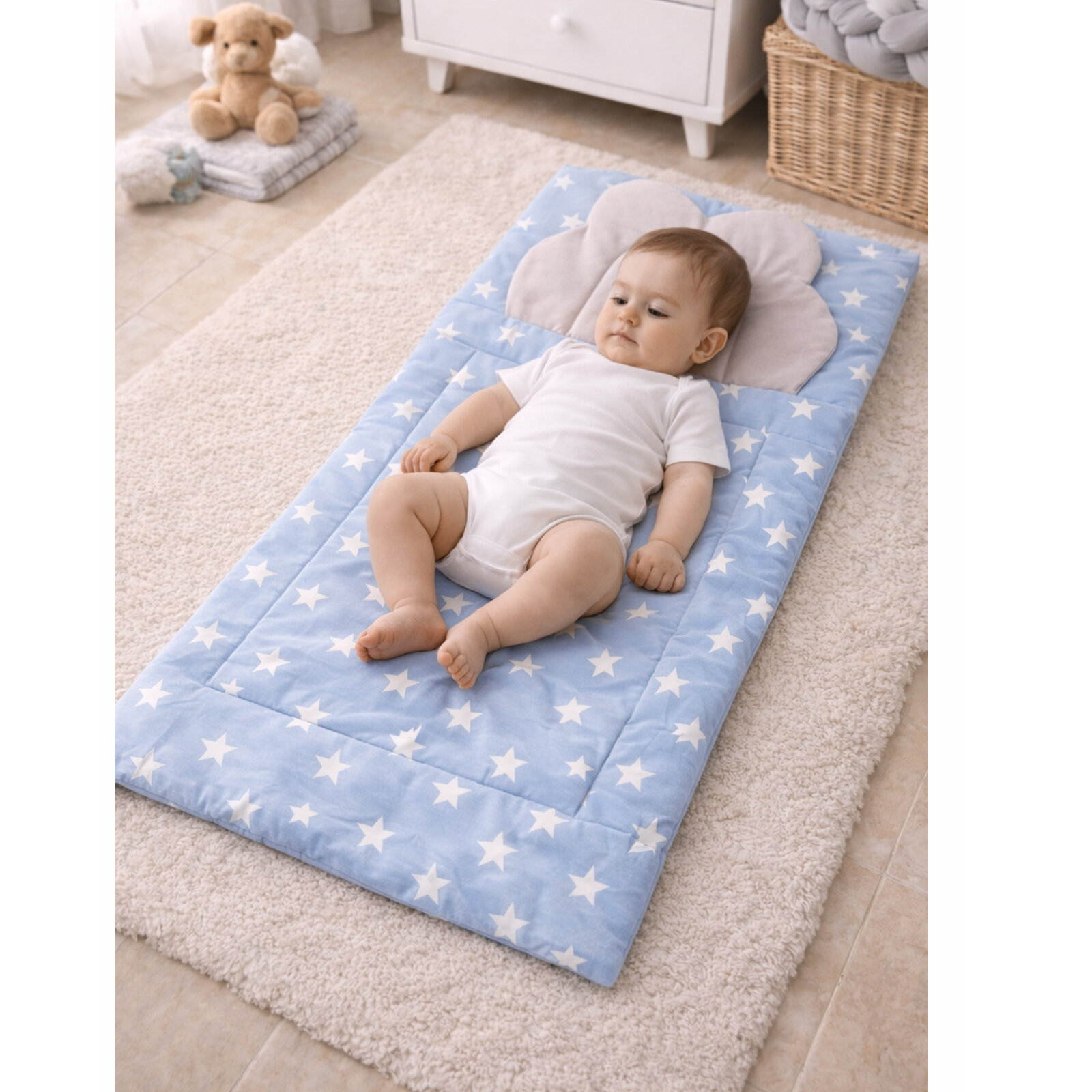 Mavi Yıldız Desenli Bebek Alt Açma Minderi 45×75 cm – Yumuşak & Konforlu