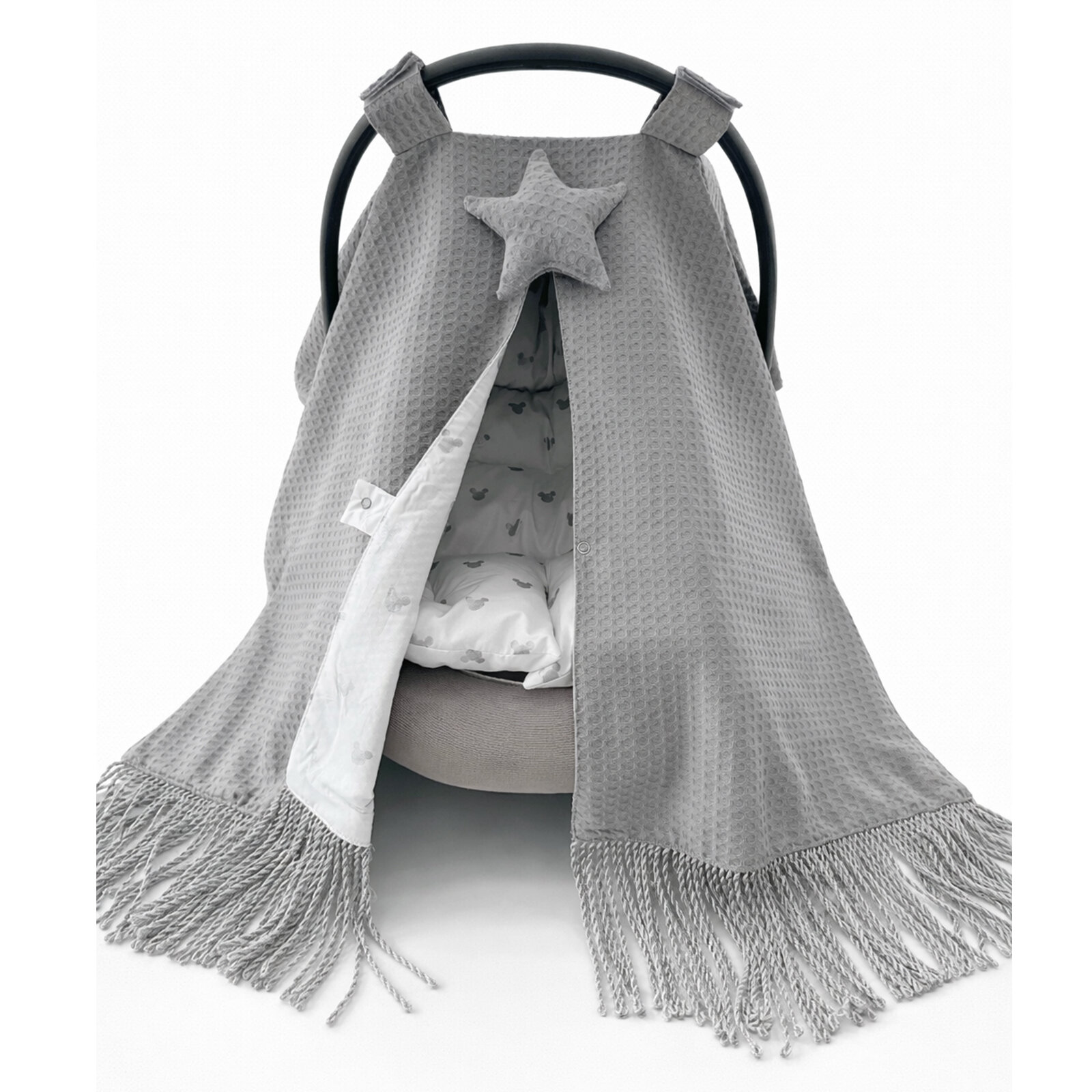 Püsküllü Puset Örtüsü & Puset Minderi Seti – Gri