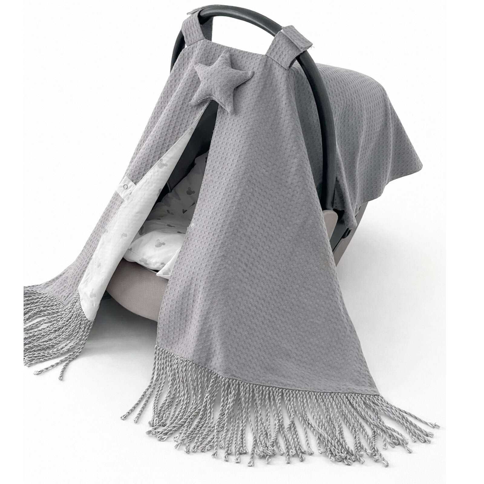 Püsküllü Puset Örtüsü & Puset Minderi Seti – Gri