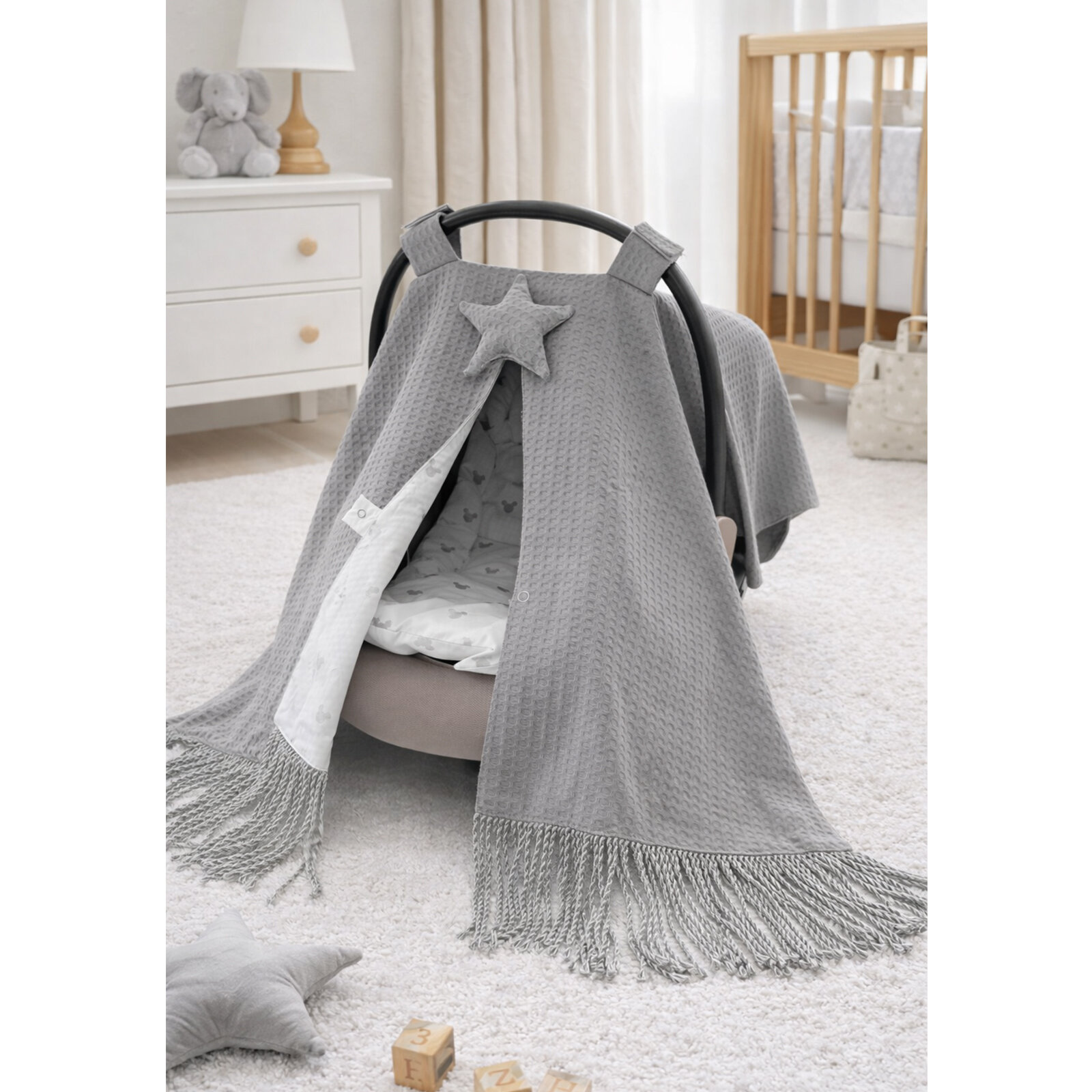 Püsküllü Puset Örtüsü & Puset Minderi Seti – Gri