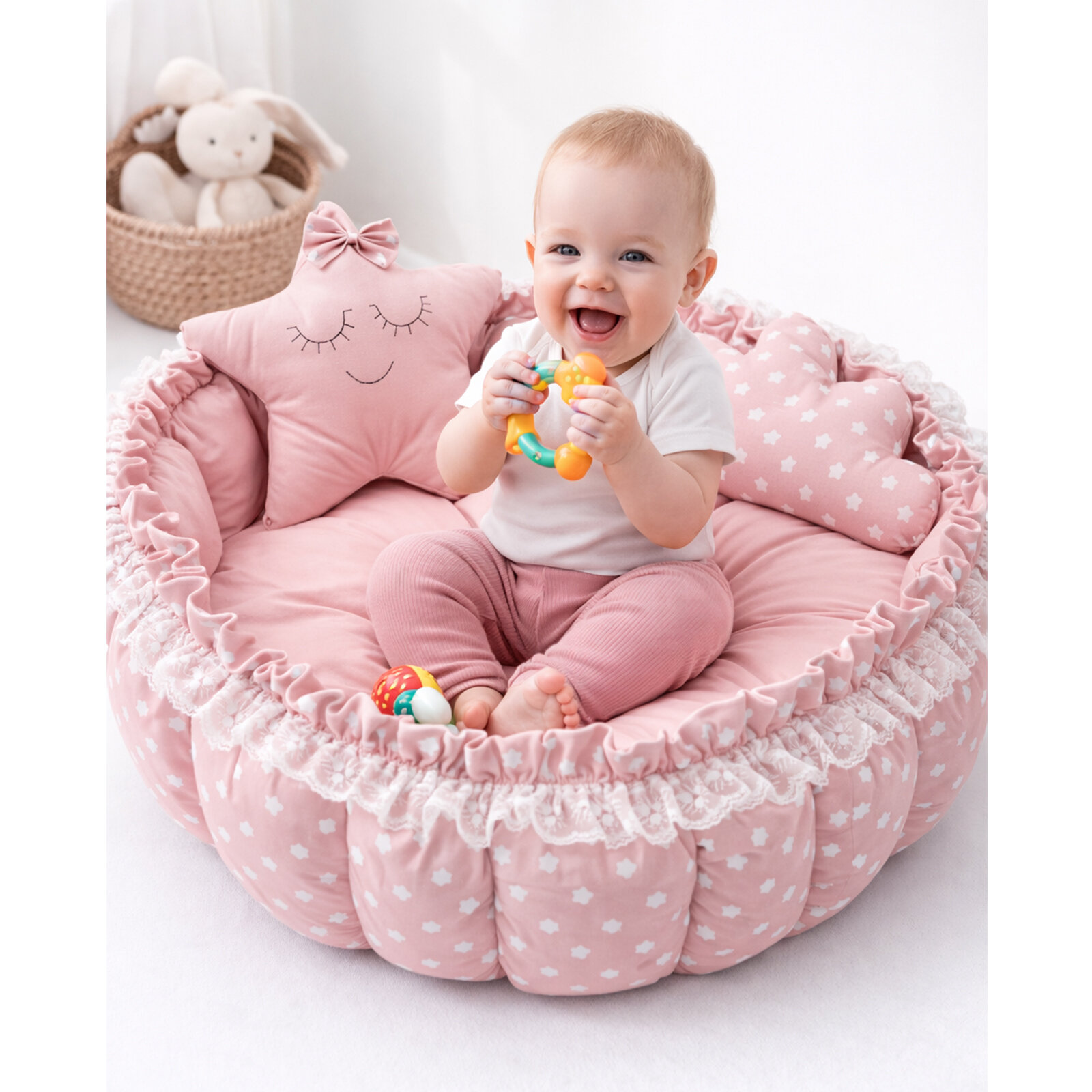 Pudra Yıldızlı Açılır Oyun Minderi & Bebek Yuvası (80–120 cm) Babynest 