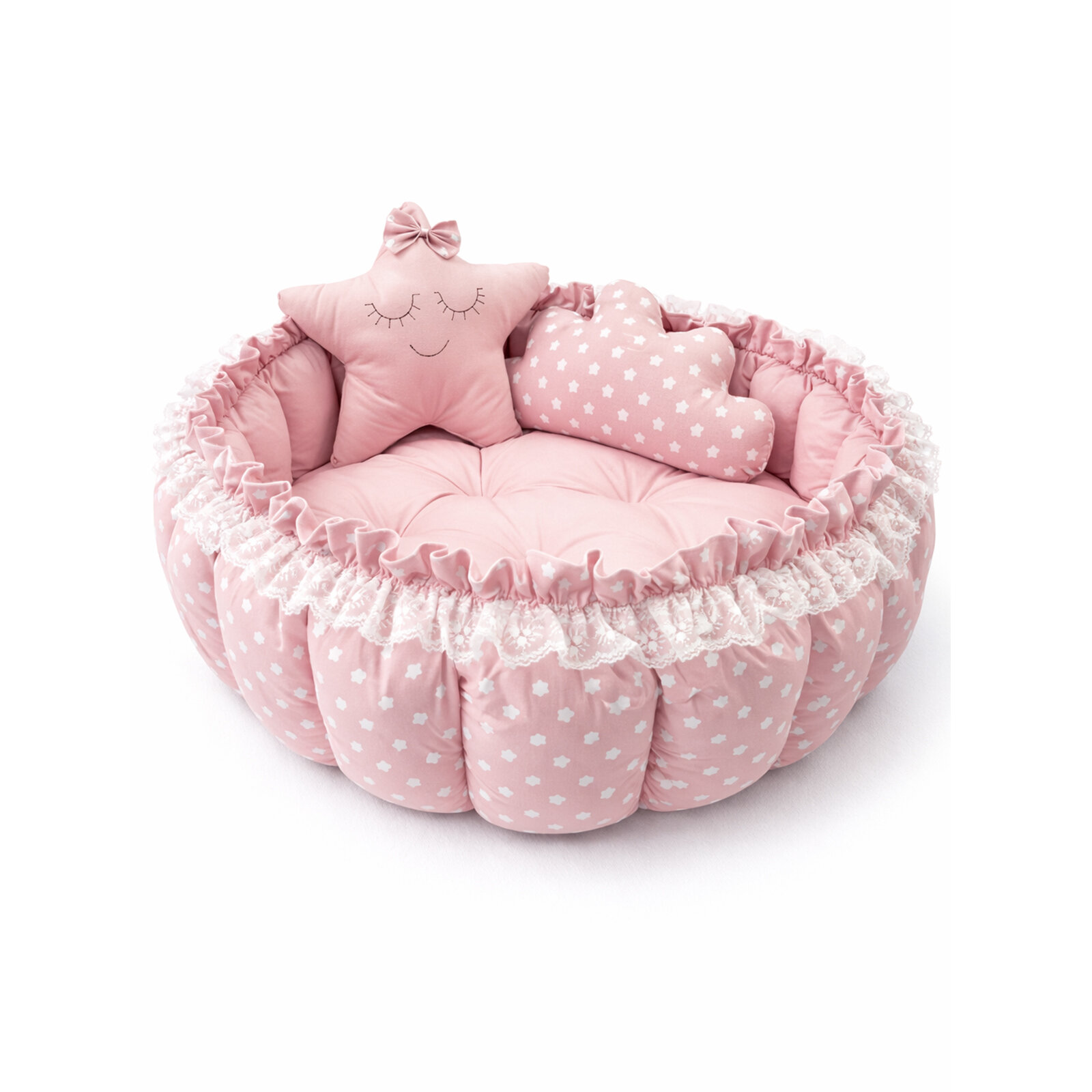 Pudra Yıldızlı Açılır Oyun Minderi & Bebek Yuvası (80–120 cm) Babynest 