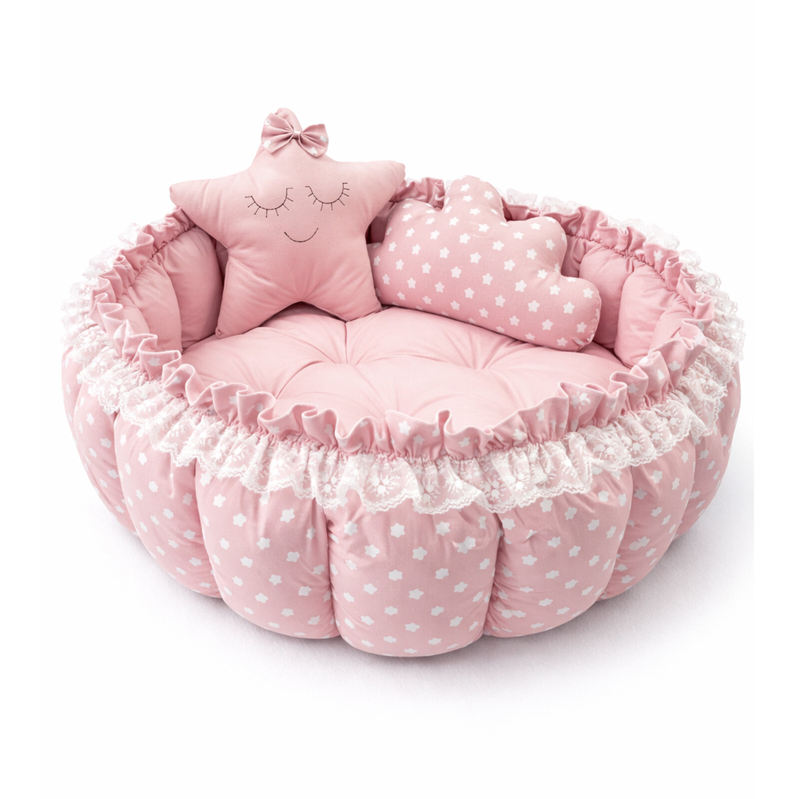 Pudra Yıldızlı Açılır Oyun Minderi & Bebek Yuvası (80–120 cm) Babynest 