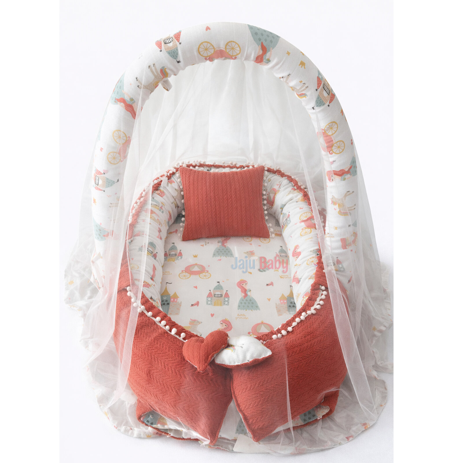 Jaju Baby Kiremit Örgü Kumaş ve Müslin Kumaş Ponponlu Babynest Oyuncak Aparat ve Cibinlik Tüllü Set