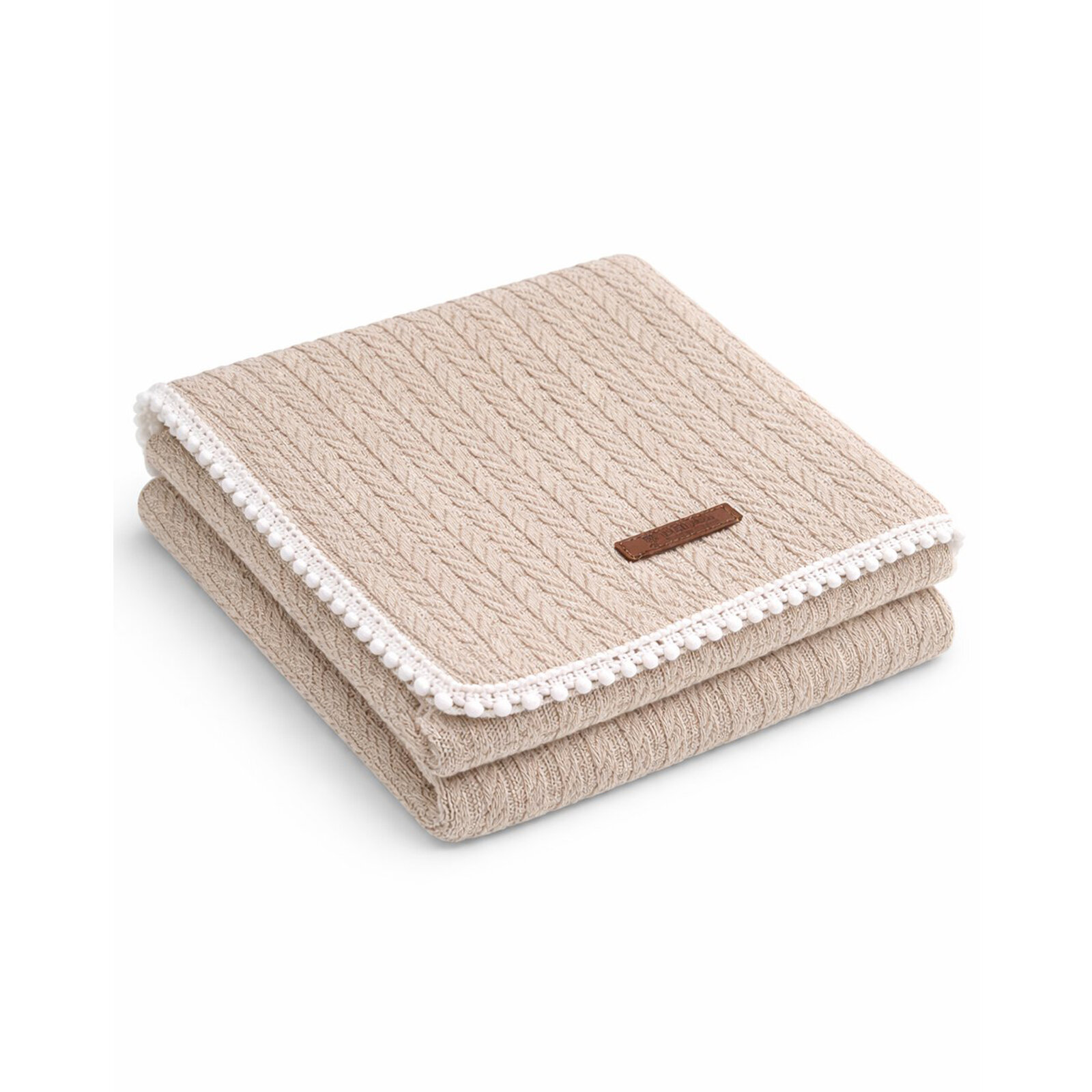 Bej 110x110 cm İnce Ponpon Kenarlı Örgü Pike Bebek Battaniyesi
