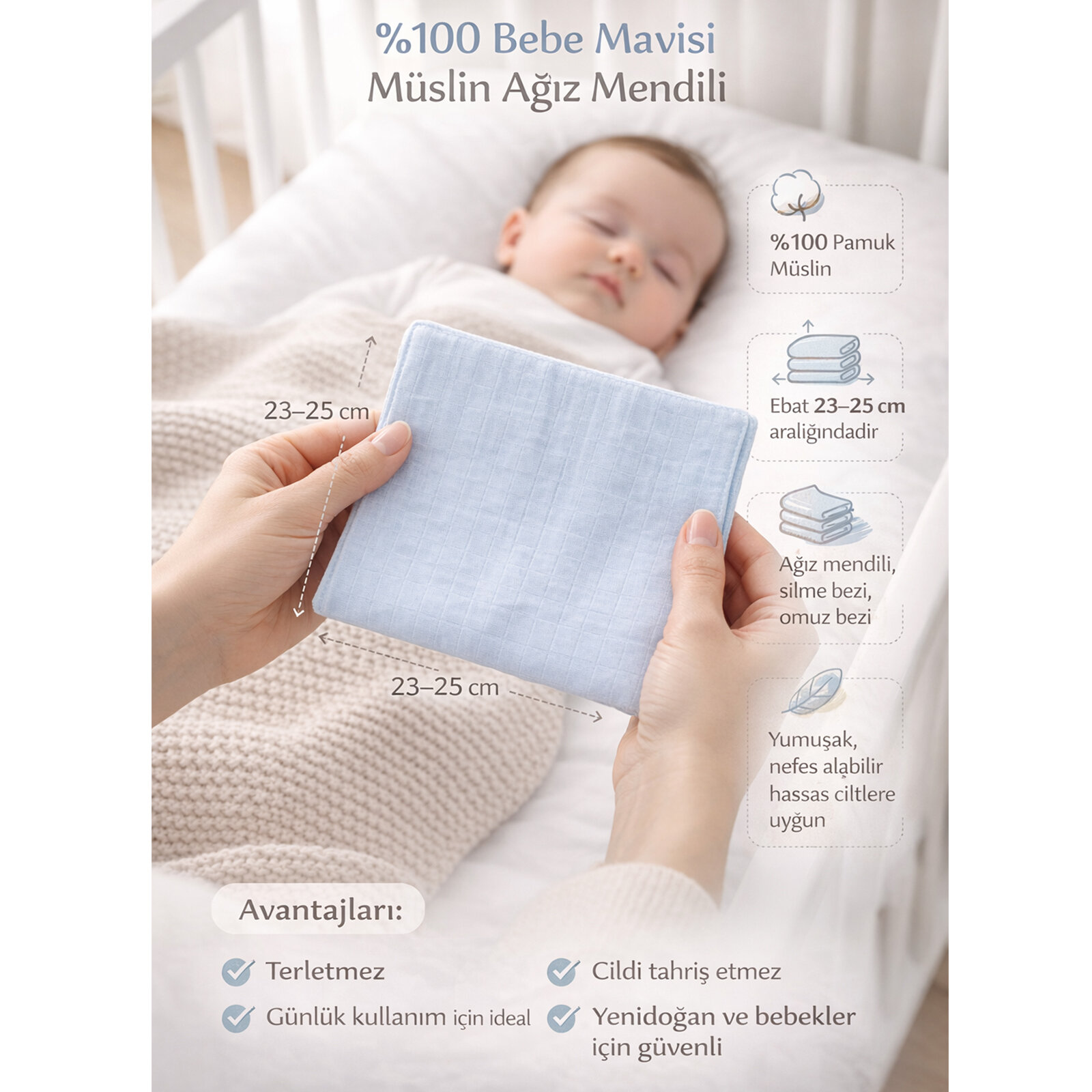 %100 Müslin Bebe Mavi Bebek Bezi – 5 Adet Mendil Ağız Silme & Ter Alma Bezi (23–25 cm)