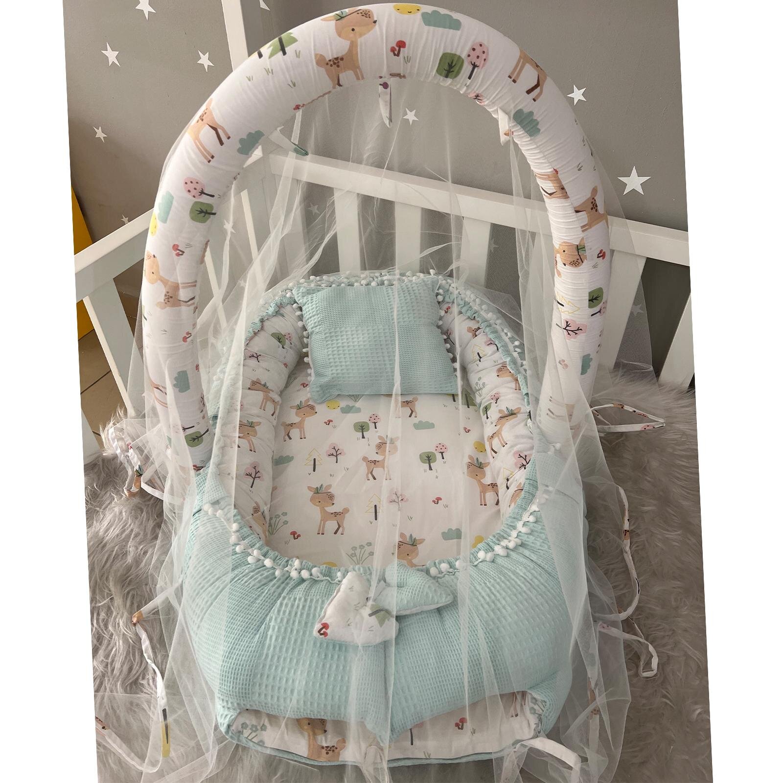 Mavi Waffle Ceylan Cibinlik Tüllü Babynest - Konforlu ve Güvenli Bebek Yatağı 