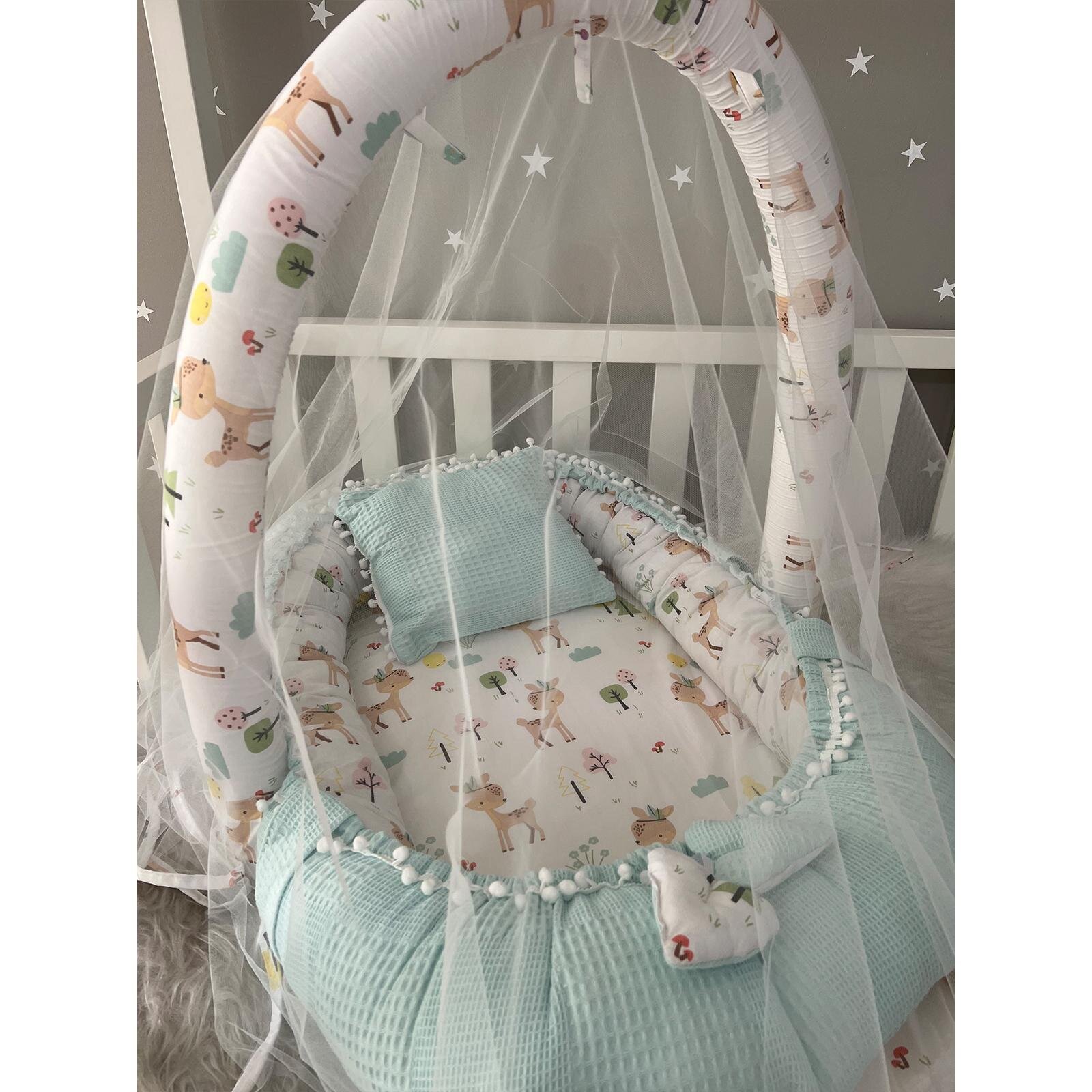 Mavi Waffle Ceylan Cibinlik Tüllü Babynest - Konforlu ve Güvenli Bebek Yatağı 