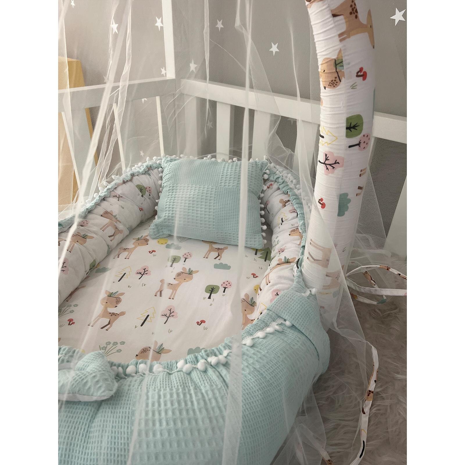 Mavi Waffle Ceylan Cibinlik Tüllü Babynest - Konforlu ve Güvenli Bebek Yatağı 