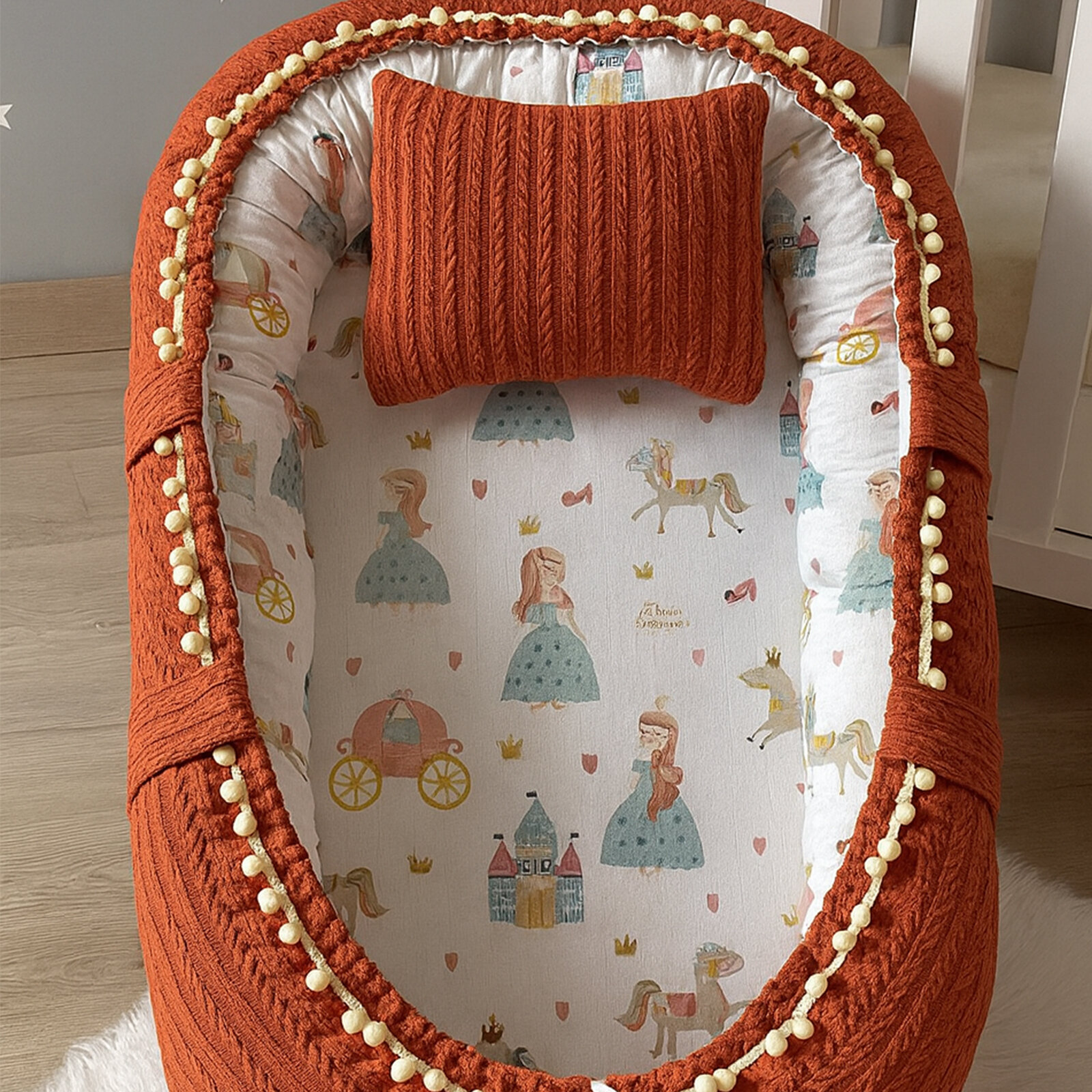 Kiremit Örgü Prenses Desenli Waffle Babynest – %100 Pamuk, Baş Destekli Kiremit Örgü Prenses Desenli Waffle Babynest – %100 Pamuk, Baş Destekli