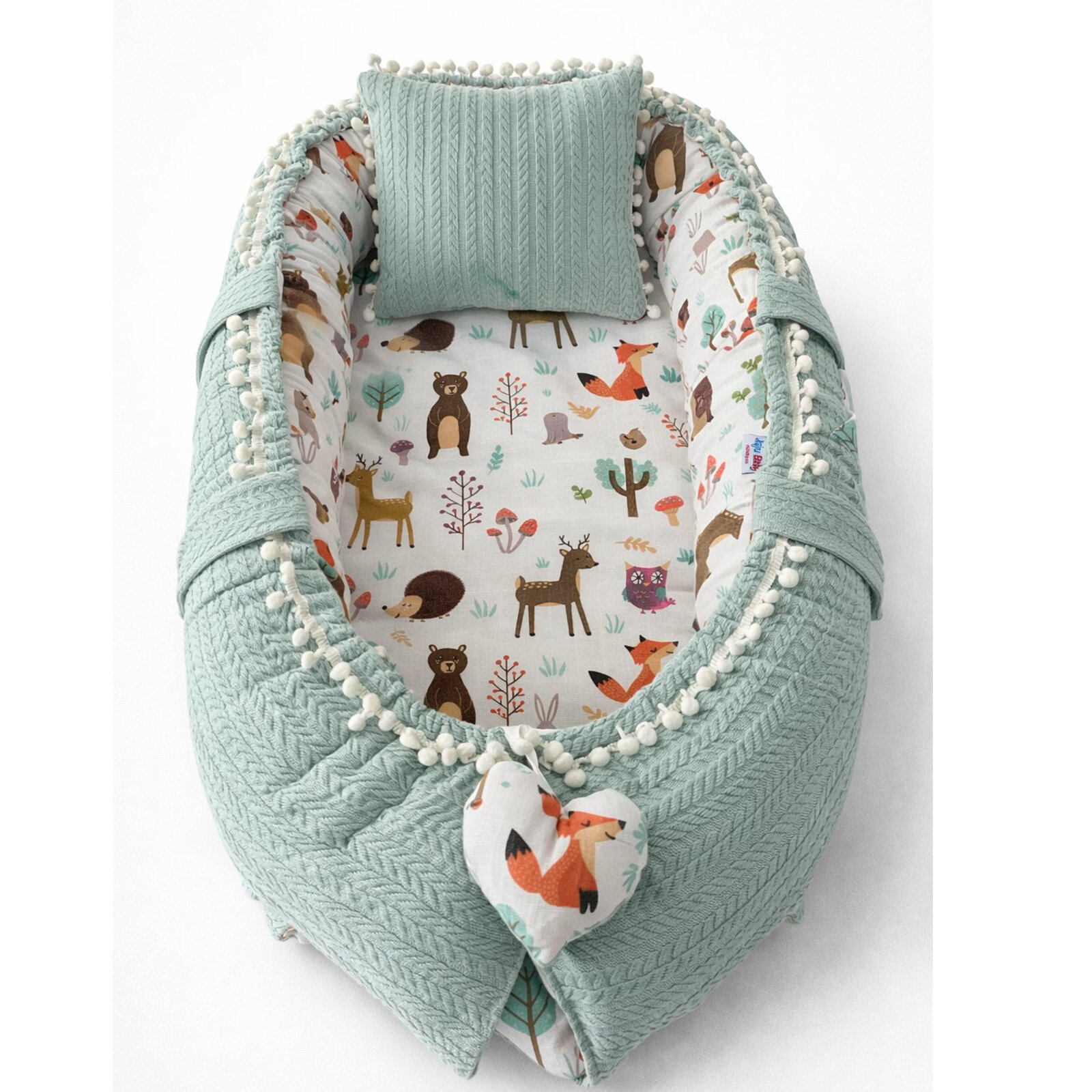 Yeşil Örgü İçi Orman Desenli Babynest + Yastık – Pamuklu Poplin Kumaş (0–24 Ay)