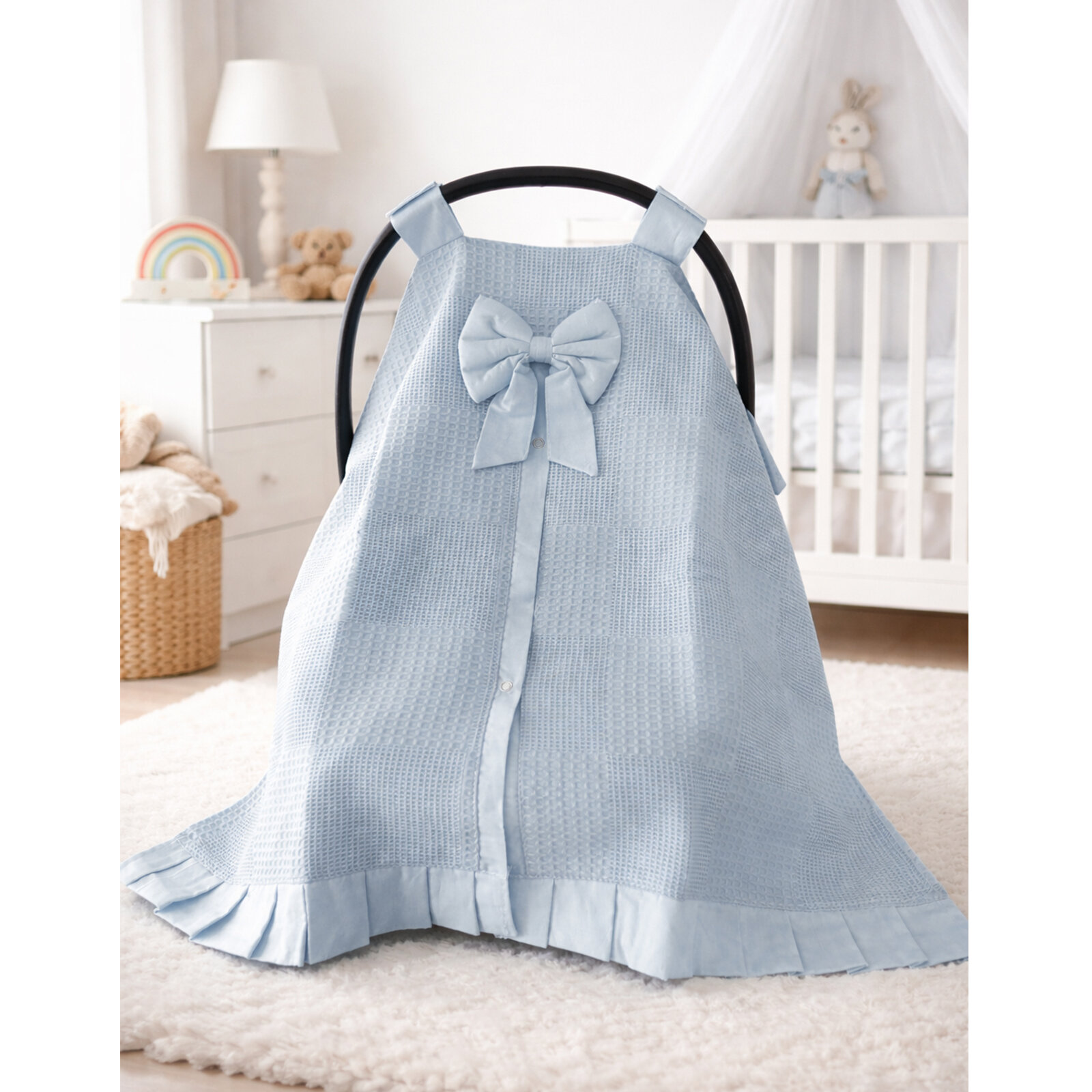 Bebe Mavi Fırfırlı Puset Örtüsü – Waffle Dokulu, Fiyonklu Şık Tasarım