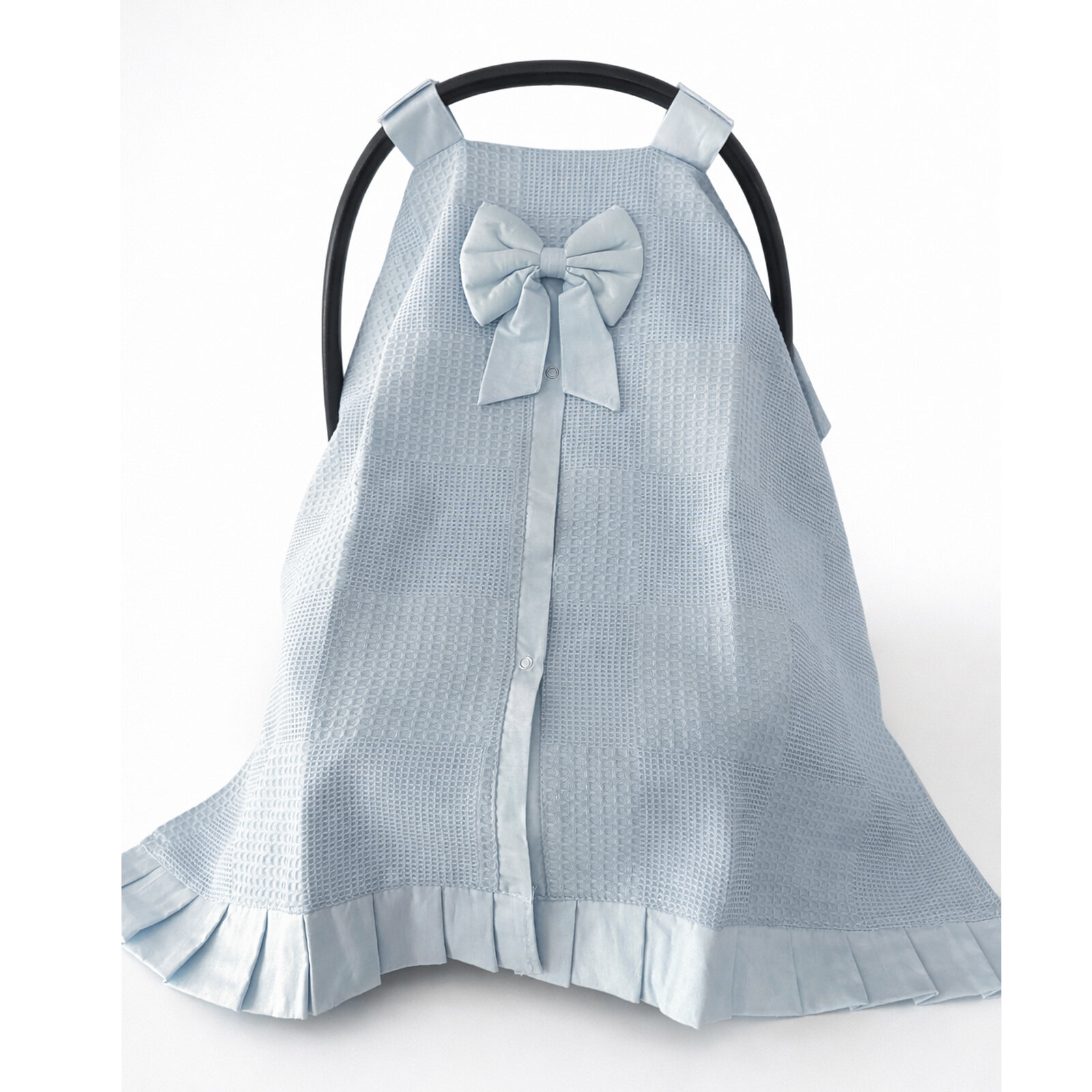 Bebe Mavi Fırfırlı Puset Örtüsü – Waffle Dokulu, Fiyonklu Şık Tasarım