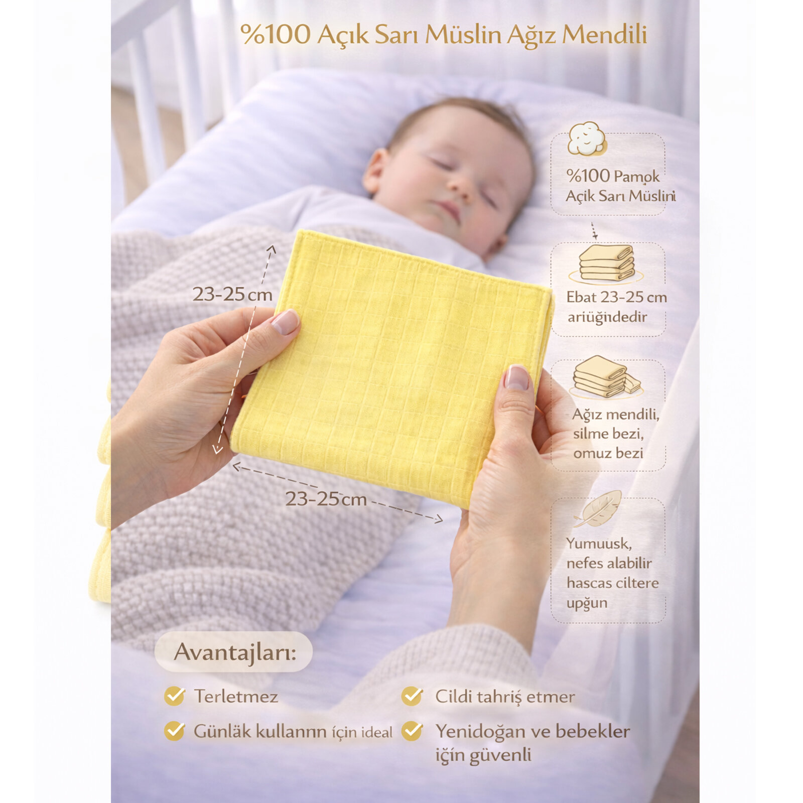 %100 Müslin Sarı Bebek Bezi – 5 Adet Mendil Ağız Silme & Ter Alma Bezi (23–25 cm)