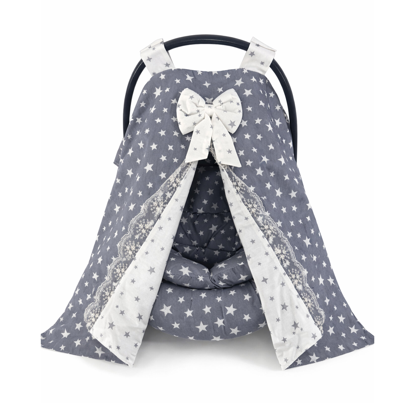 Gri Yıldızlı Puset Örtüsü + Çarşaf + Minder Seti – Poplin Kumaş (3 Parça)