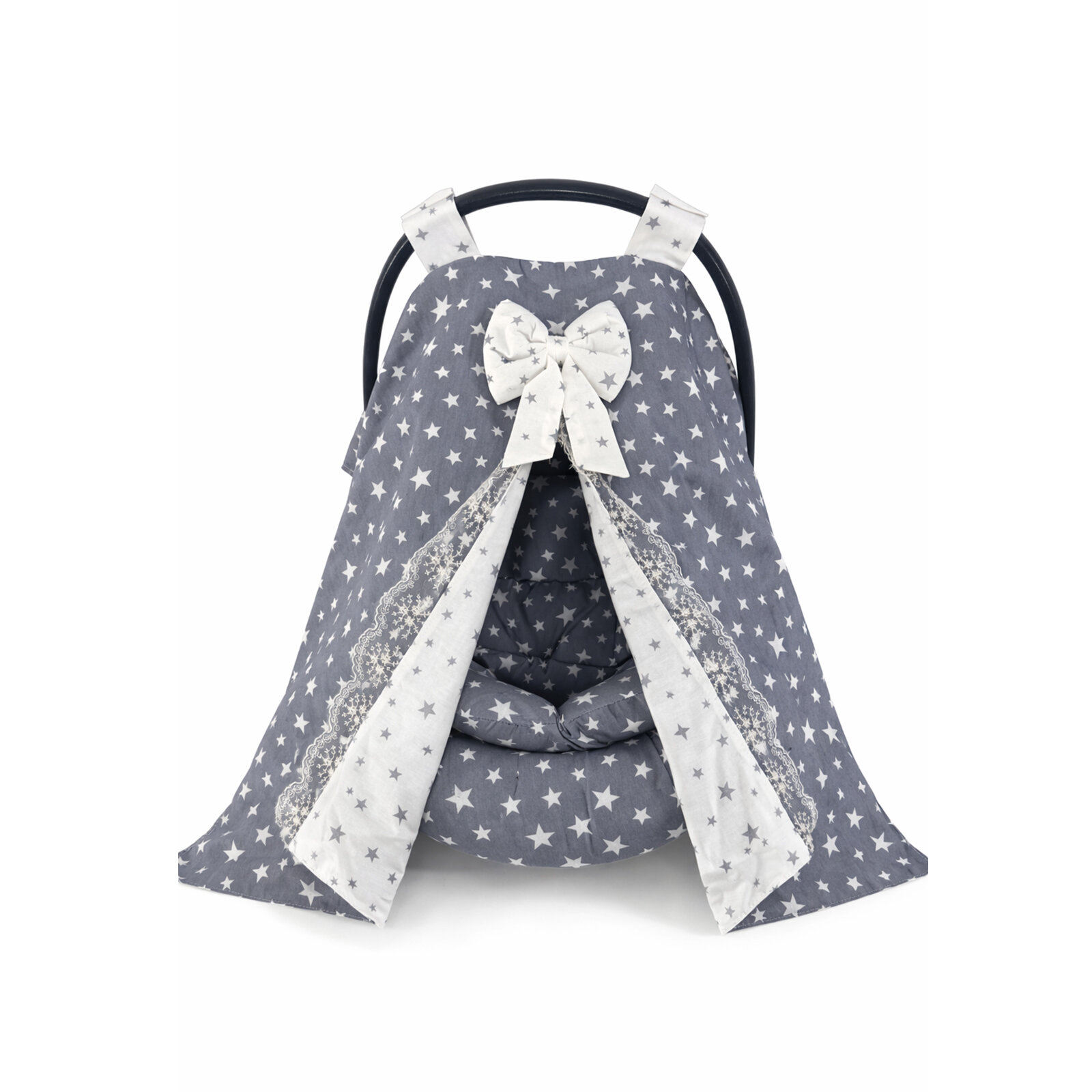 Gri Yıldızlı Puset Örtüsü + Çarşaf + Minder Seti – Poplin Kumaş (3 Parça)