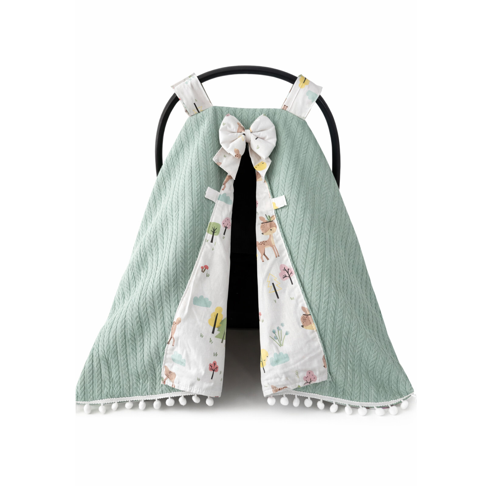 Yeşil Örgü Kumaş – Ceylan Desenli Poplin Tek Parça Puset Örtüsü (Ponpon & Fiyonk Detaylı)