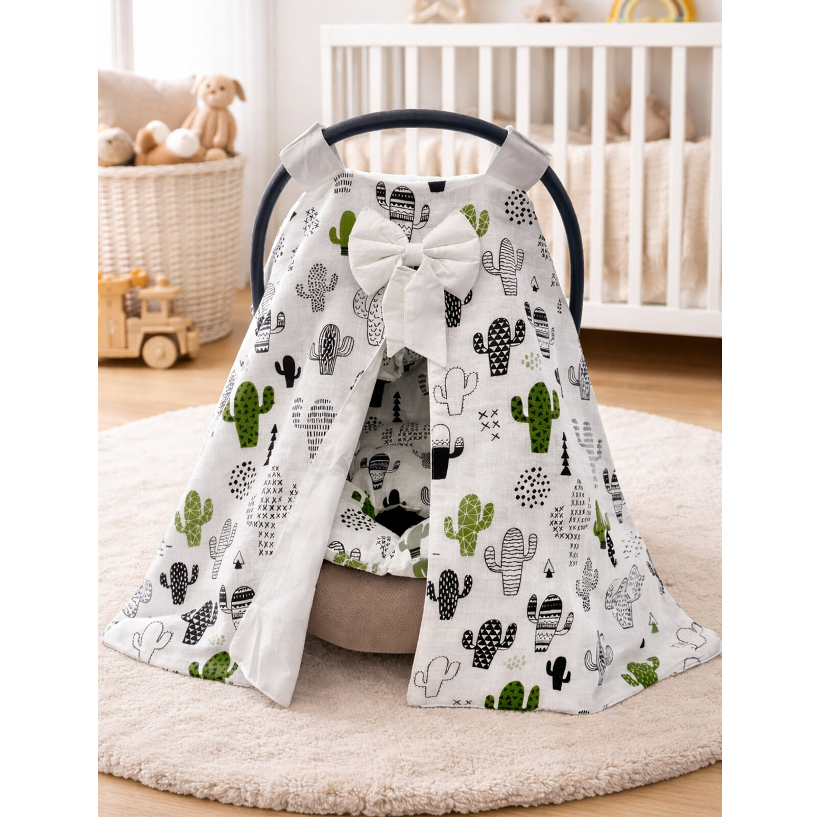 Puset Örtüsü ve Minderi Seti – Kaktüs Desenli – Nefes Alan Kumaş