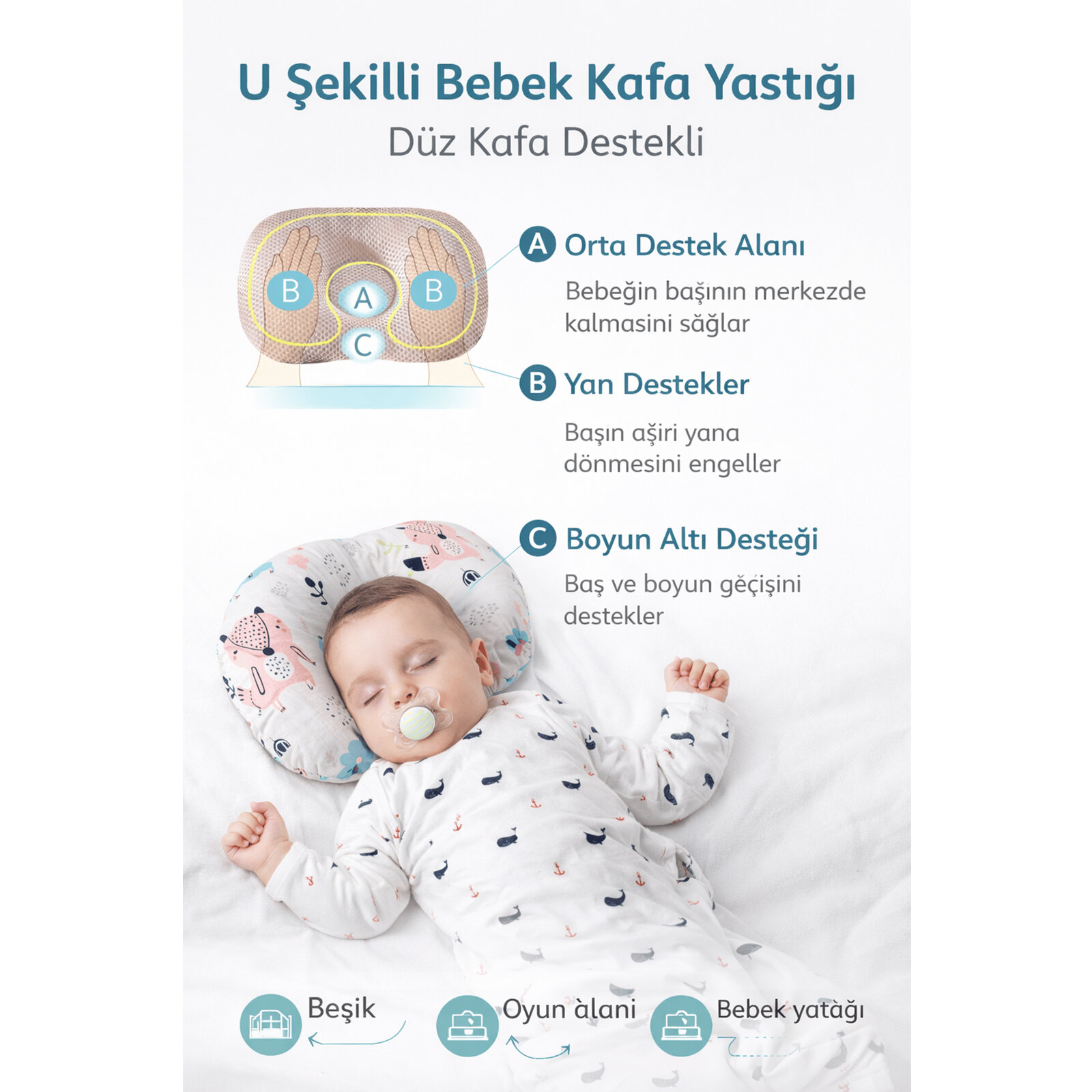 0–12 Ay Orman Kulaksız Desenli Düzleşme Önleyici Bebek Kafa Yastığı