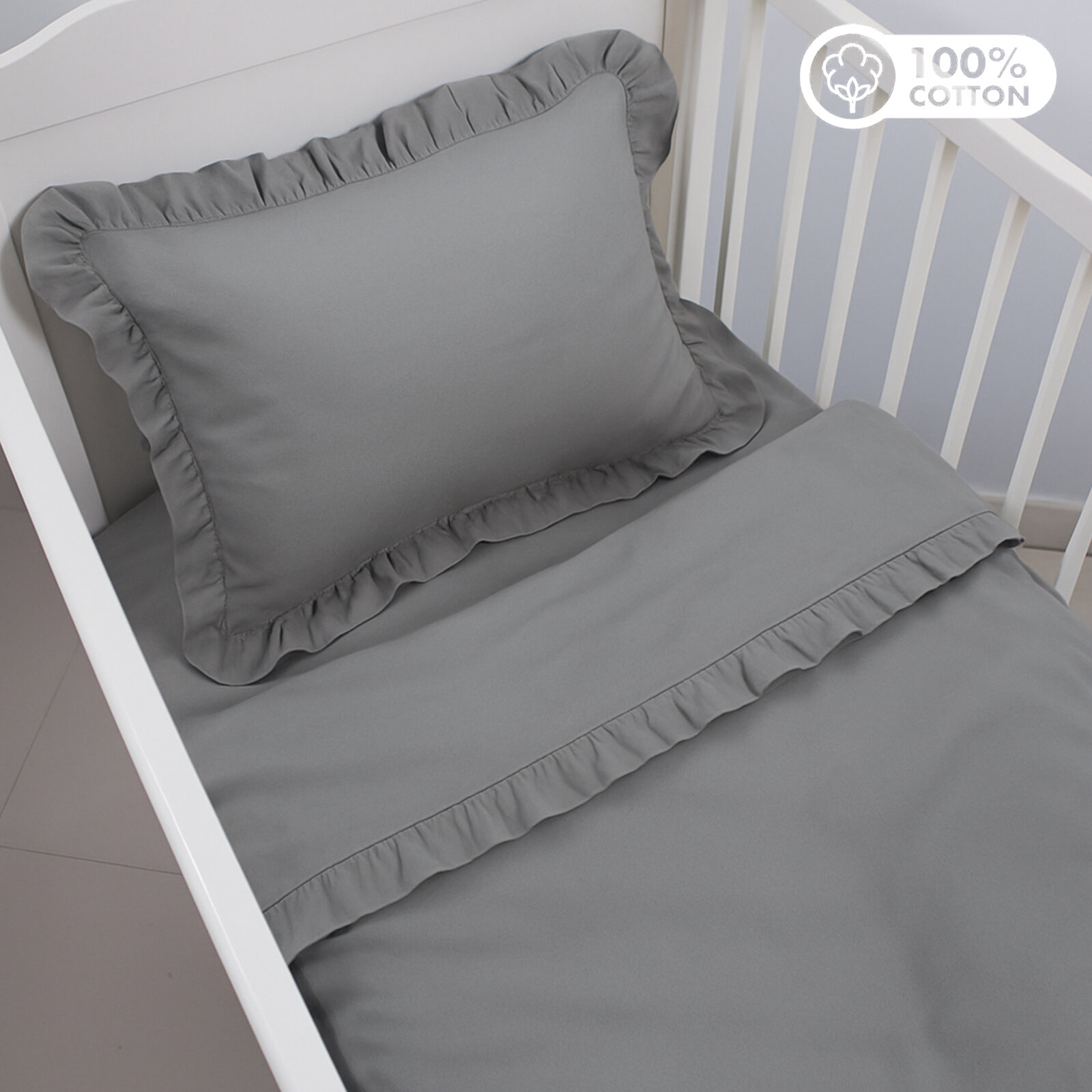 Gri Bebek Nevresim Takımı – 60x120 | 70x140 | 80x130 Beşik Uyumlu – Fırfırlı Premium Set