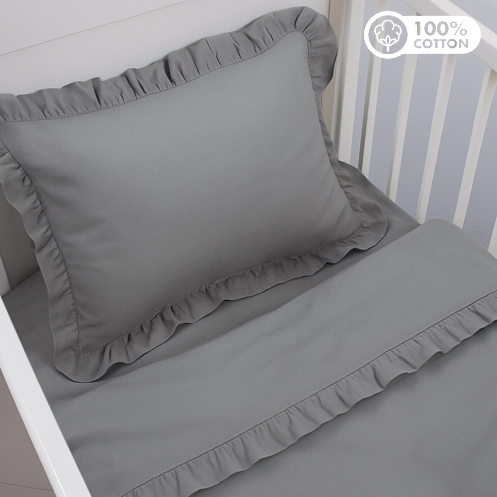 Gri Bebek Nevresim Takımı – 60x120 | 70x140 | 80x130 Beşik Uyumlu – Fırfırlı Premium Set