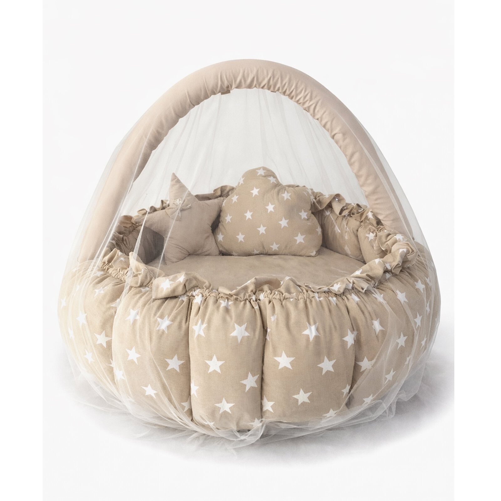 Cibinlik Tüllü Kahve Yıldızlı Açılır Oyun Minderi – Yumuşak Kenarlı Bebek Oyun ve Uyku Alanı