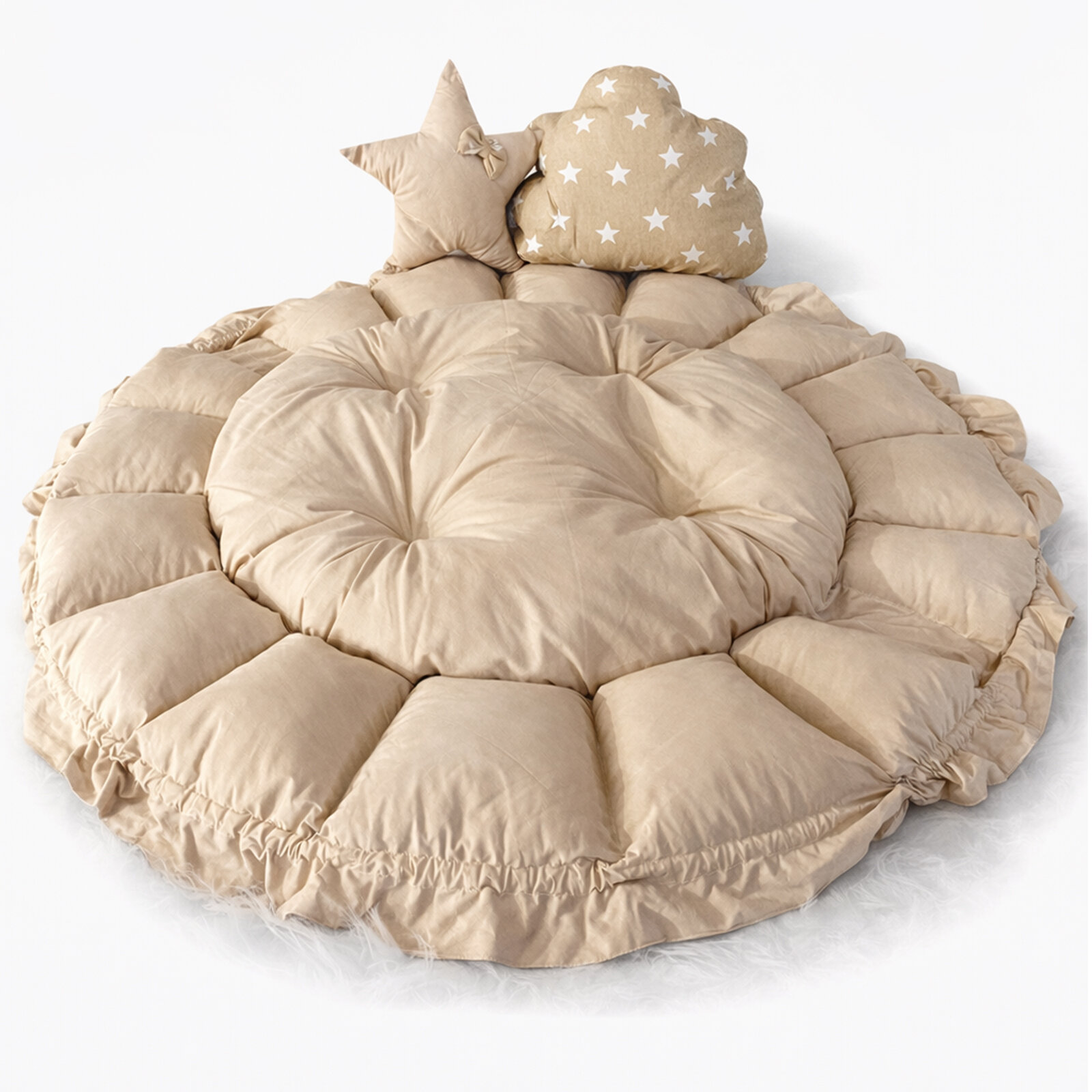 Cibinlik Tüllü Kahve Yıldızlı Açılır Oyun Minderi – Yumuşak Kenarlı Bebek Oyun ve Uyku Alanı