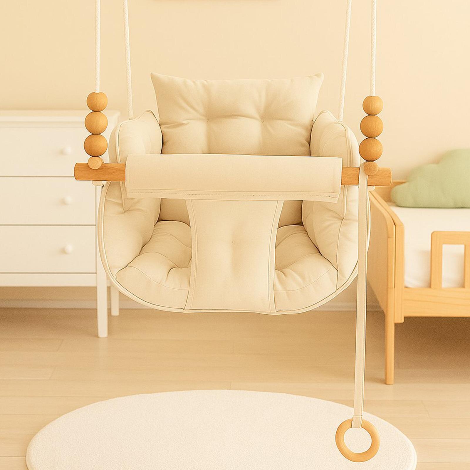 Krem Pofuduk Minderli Ahşap Detaylı Bebek - Çocuk Salıncağı 