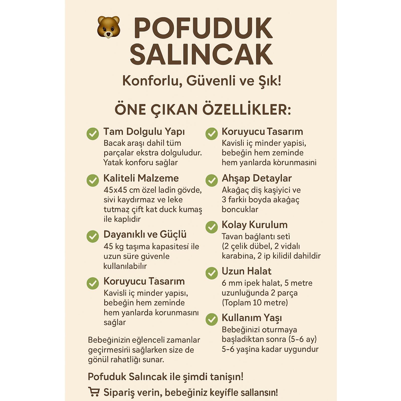 Krem Pofuduk Minderli Ahşap Detaylı Bebek - Çocuk Salıncağı 