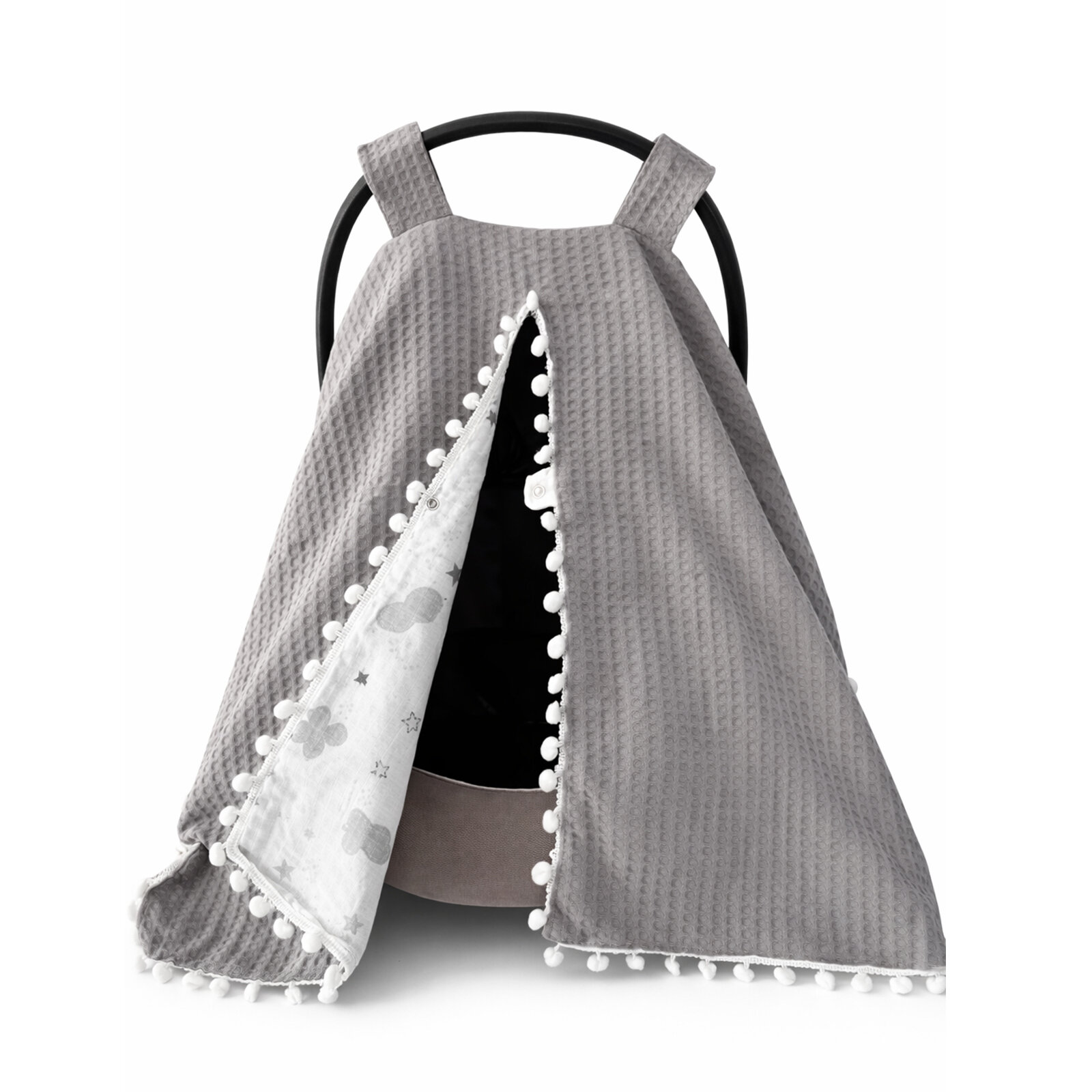 Gri Petek Kumaş – Bulut Desenli Müslin İçi Tek Parça Puset Örtüsü (Ponpon Detaylı)