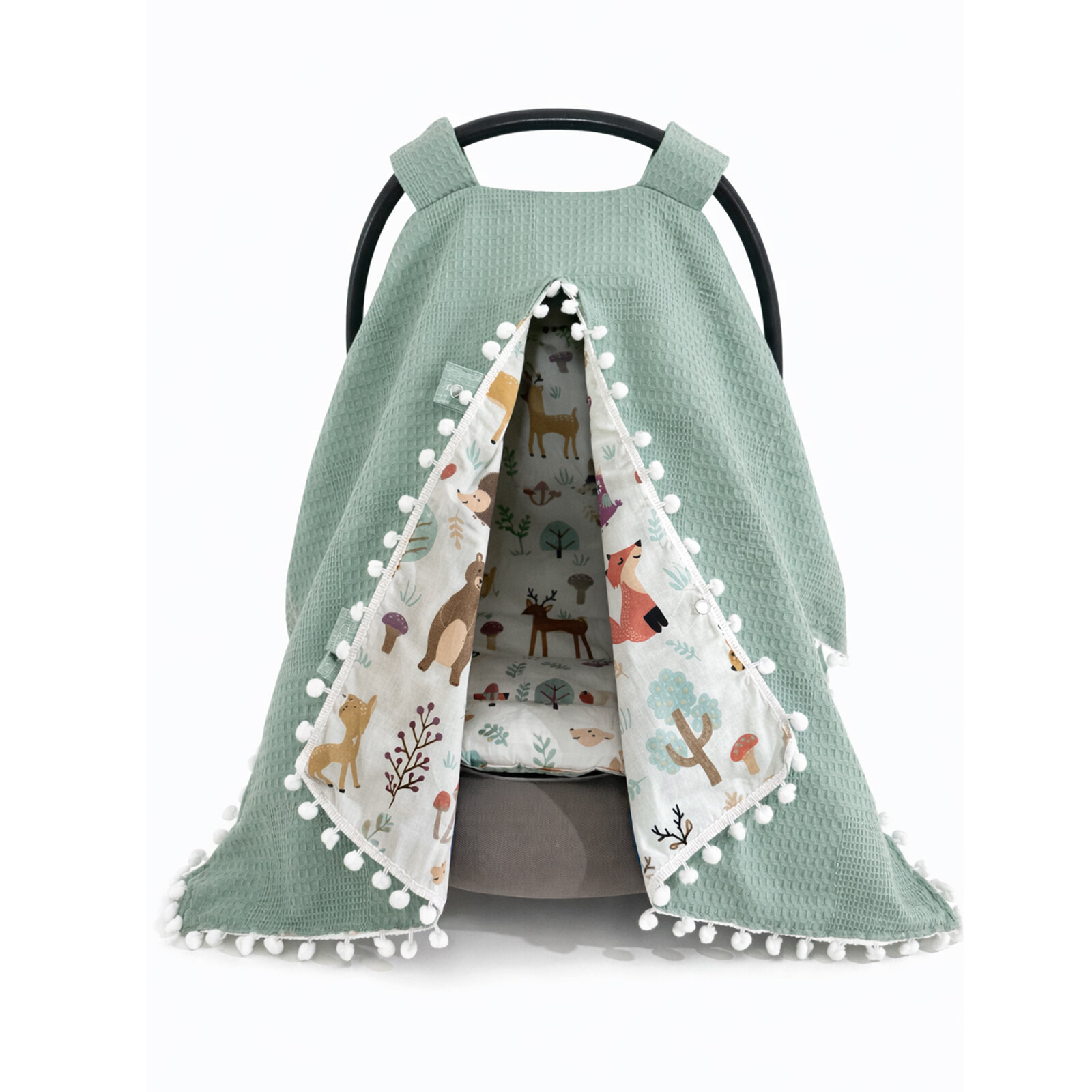 Yeşil Waffle Puset Örtüsü + Orman Desenli Puset Minderi Seti (2 Parça)