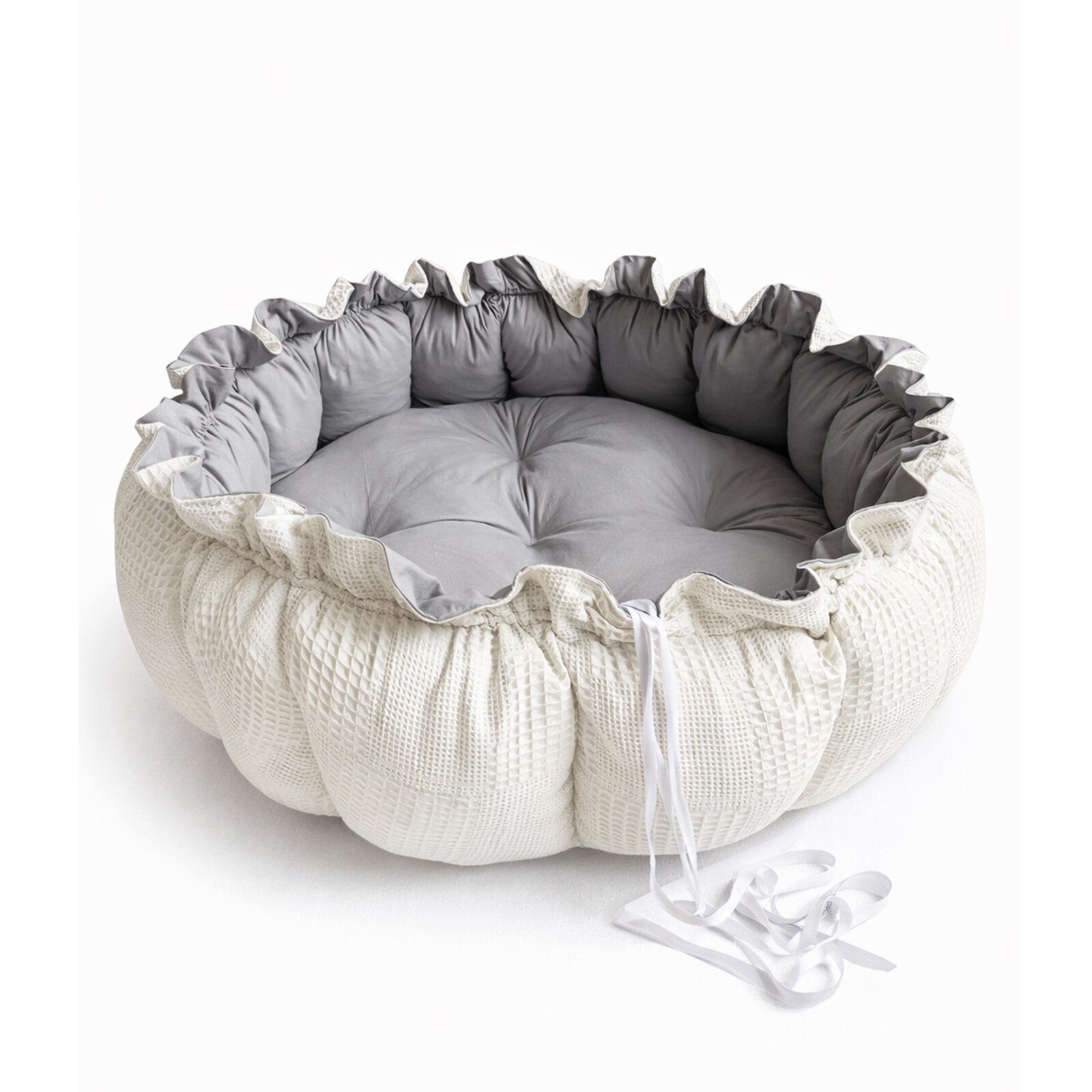 Krem Waffle Kumaş Açılır Oyun Minderi & Bebek Yuvası – Gri İç Zemin (80–120 cm) Babynest