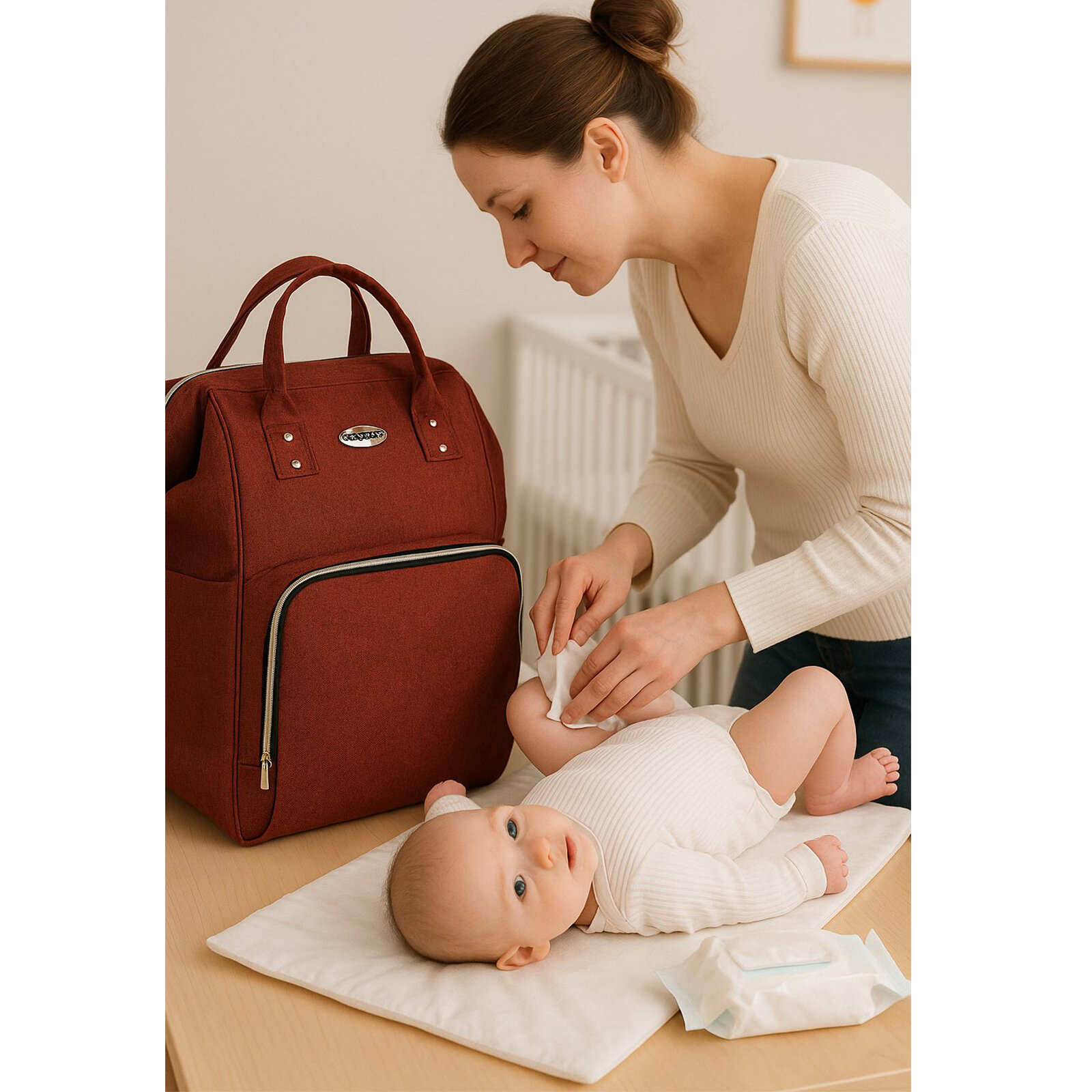 Linen Anne Bebek Bakım Sırt Çantası Bordo