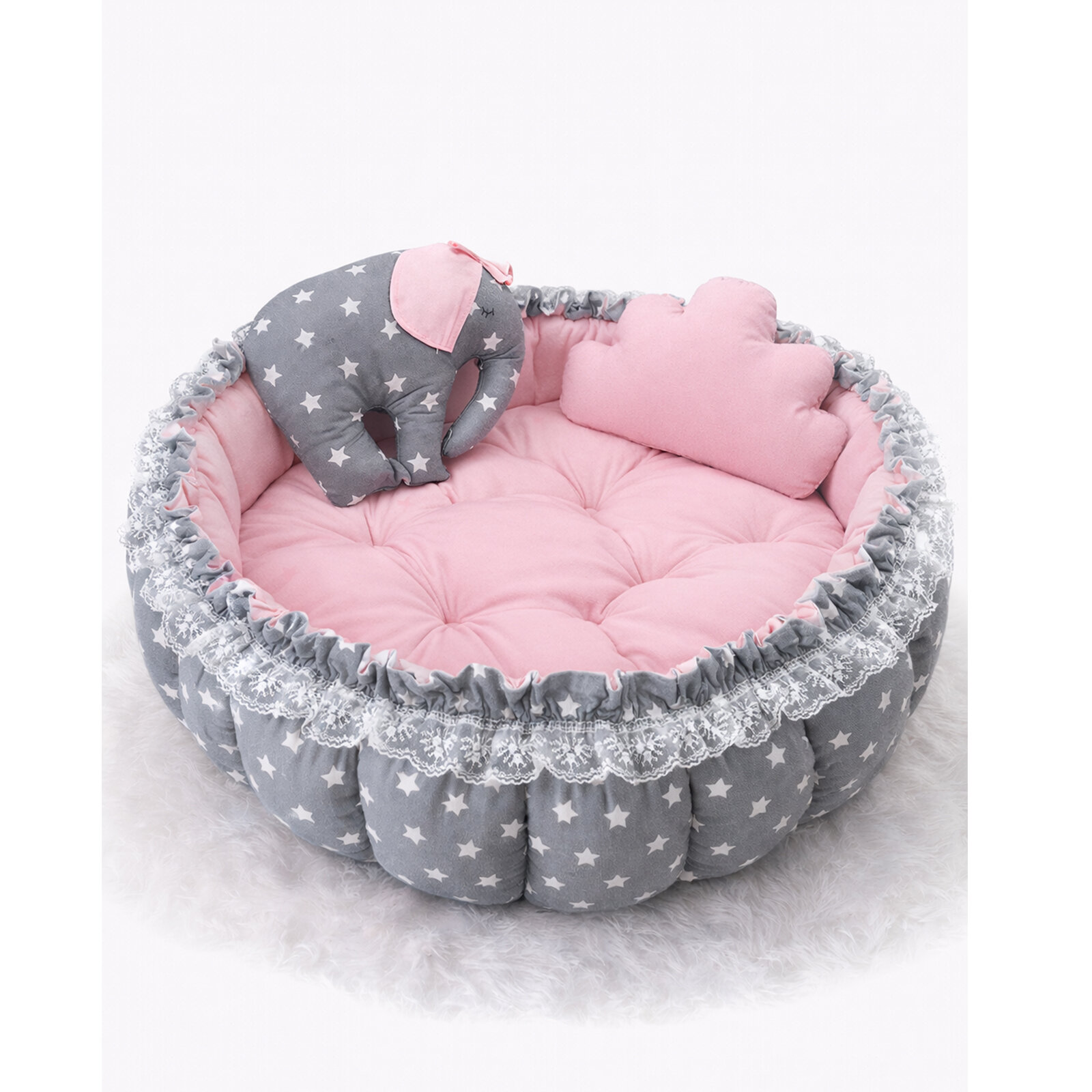 Gri Yıldızlı Pembe İçli Açılır Oyun Minderi & Bebek Yuvası (80–120 cm) Babynest