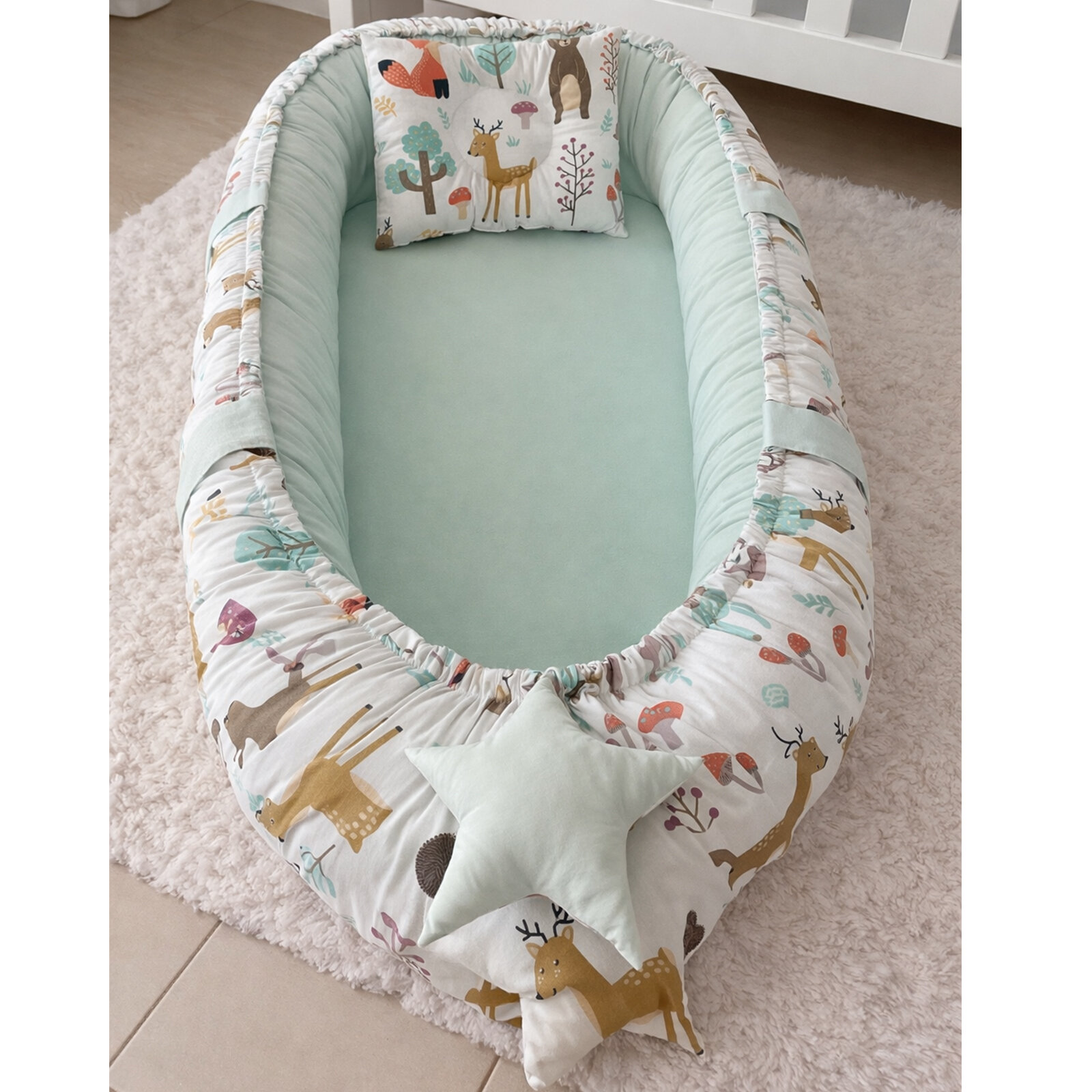 Sevimli Orman - Aqua Babynest & Yastık %100 Pamuklu Kumaş