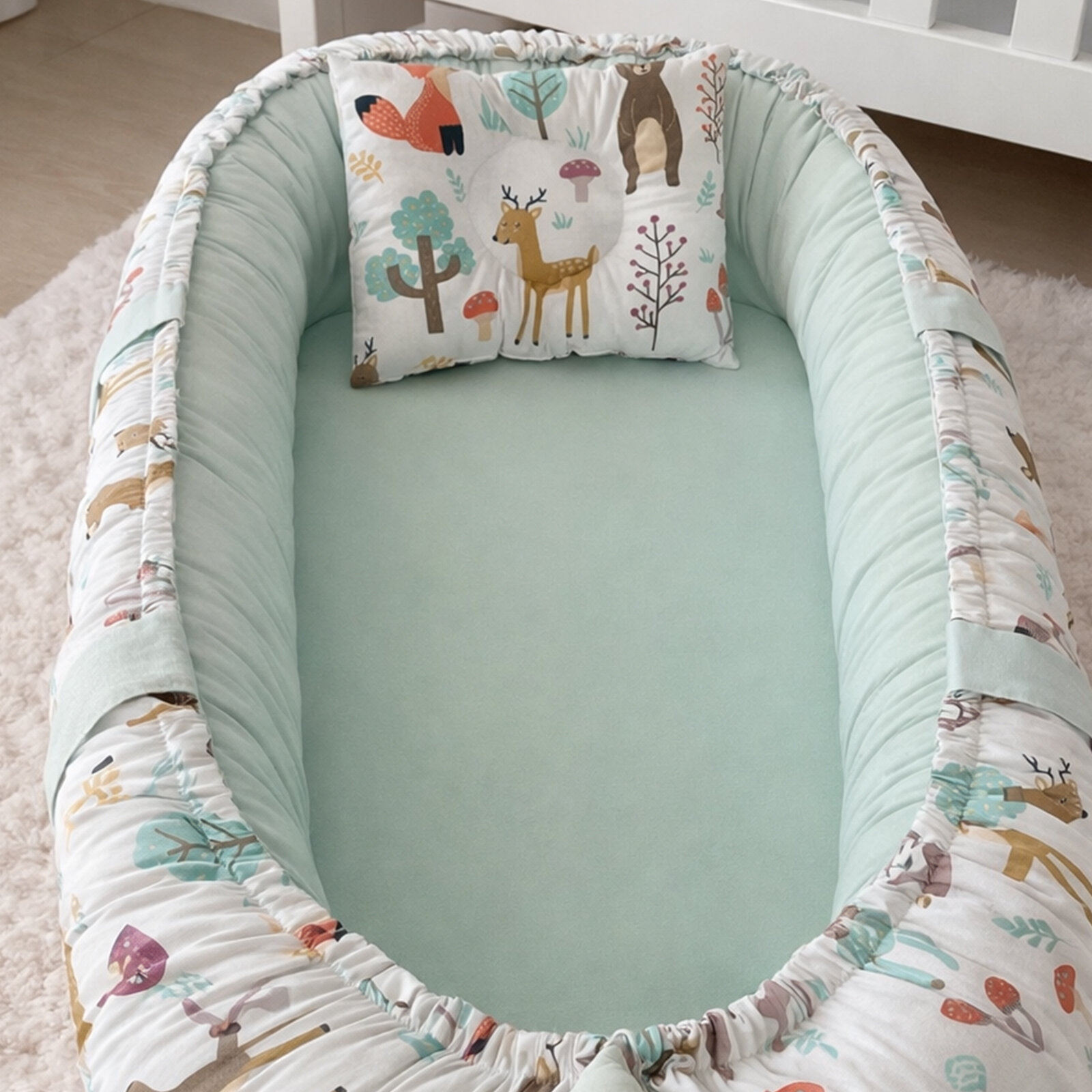 Sevimli Orman - Aqua Babynest & Yastık %100 Pamuklu Kumaş