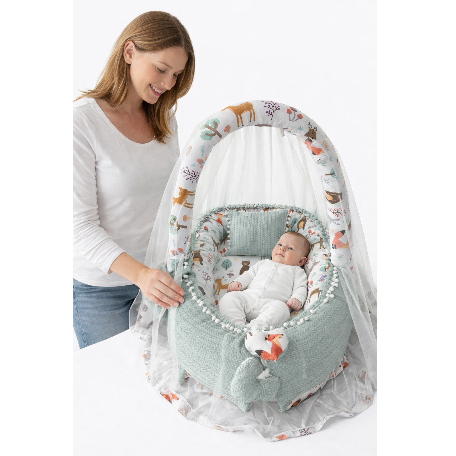 Jaju Baby Yeşil Örgü Kumaş ve Orman Kumaş Babynest Oyuncak Aparat ve Cibinlik Tüllü Set Jaju Baby Yeşil Örgü Kumaş ve Orman Kumaş Babynest Oyuncak Aparat ve Cibinlik Tüllü Set