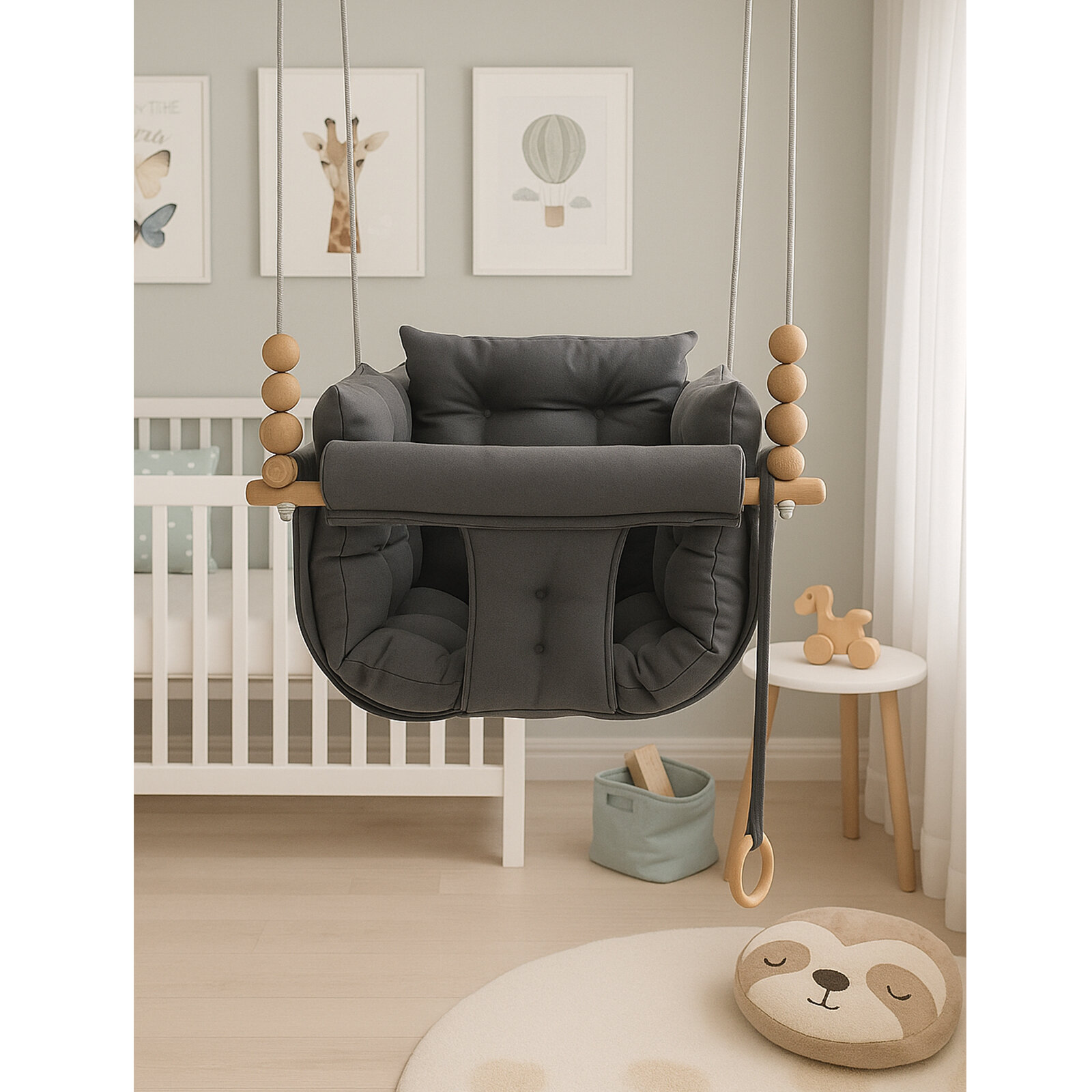 Antrasit Pofuduk Minderli Salıncak Ahşap Detaylı Bebek - Çocuk Salıncağı Antrasit Pofuduk Minderli Salıncak Ahşap Detaylı Bebek - Çocuk Salıncağı