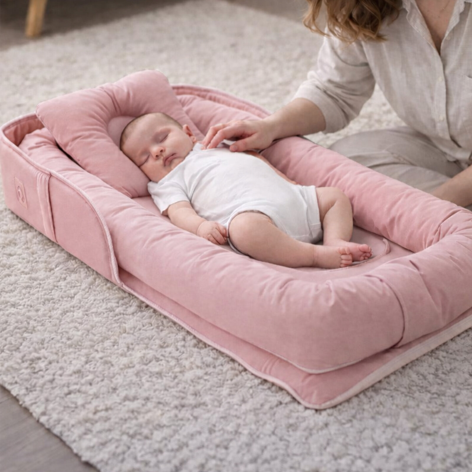 2’si 1 Arada Pudra Pembe Çantalı Babynest – Taşıma Çantalı Portatif Bebek Yatağı