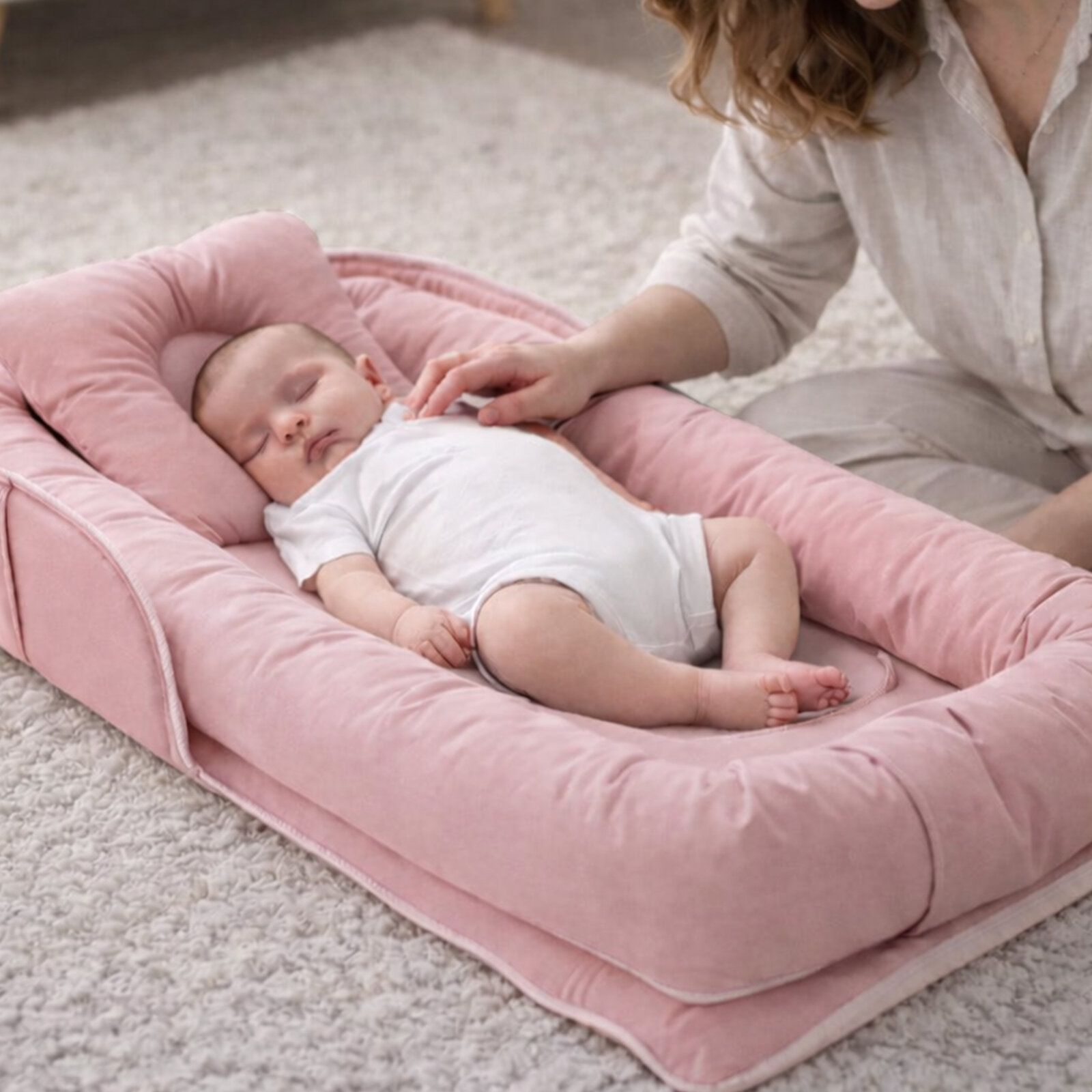 2’si 1 Arada Pudra Pembe Çantalı Babynest – Taşıma Çantalı Portatif Bebek Yatağı