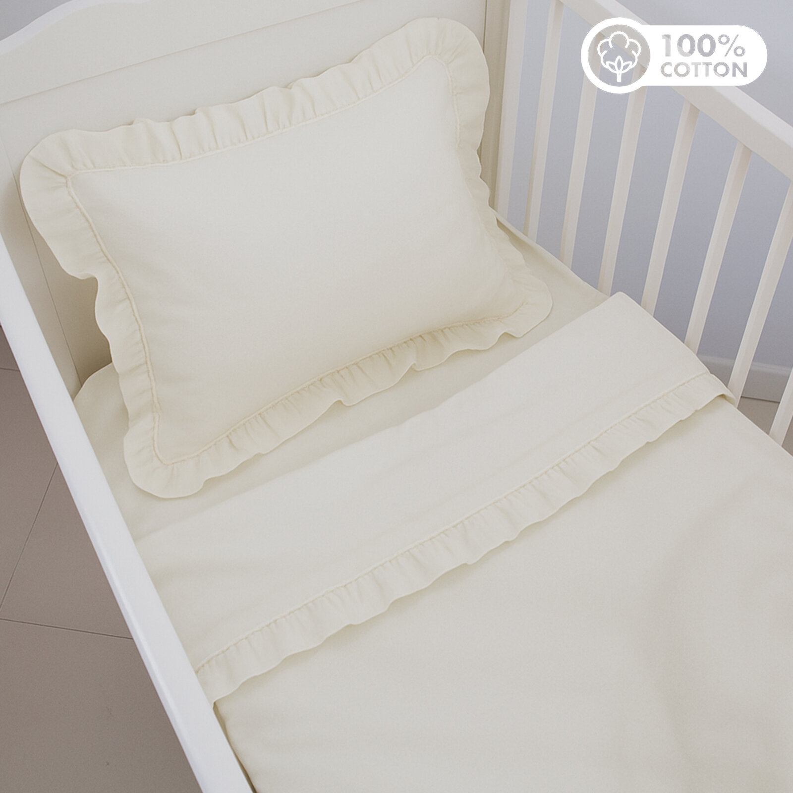 Krem Bebek Nevresim Takımı – 60x120 | 70x140 | 80x130 Beşik Uyumlu – Fırfırlı Premium Set