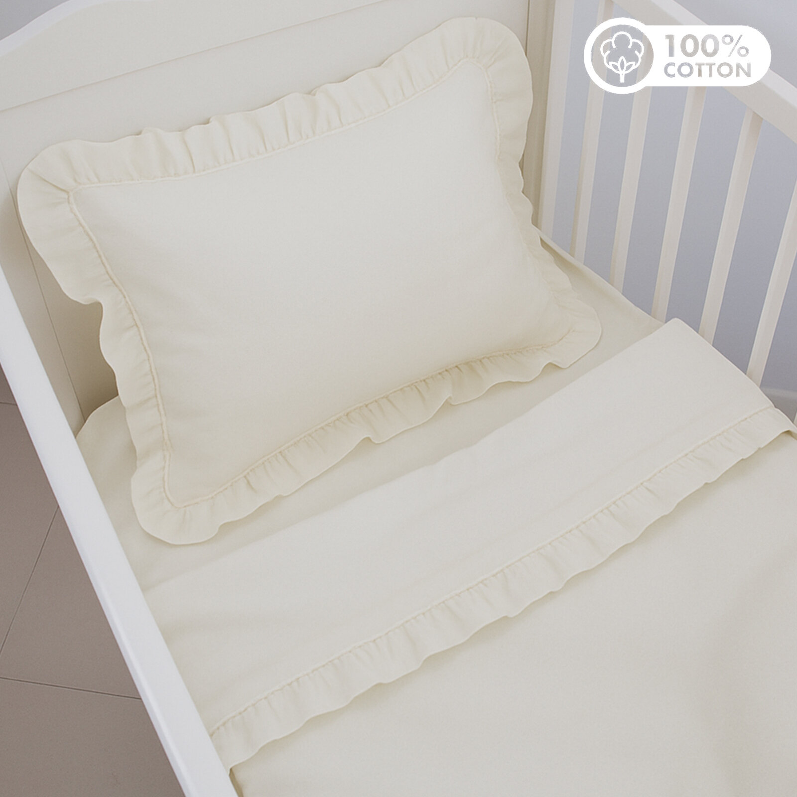 Krem Bebek Nevresim Takımı – 60x120 | 70x140 | 80x130 Beşik Uyumlu – Fırfırlı Premium Set